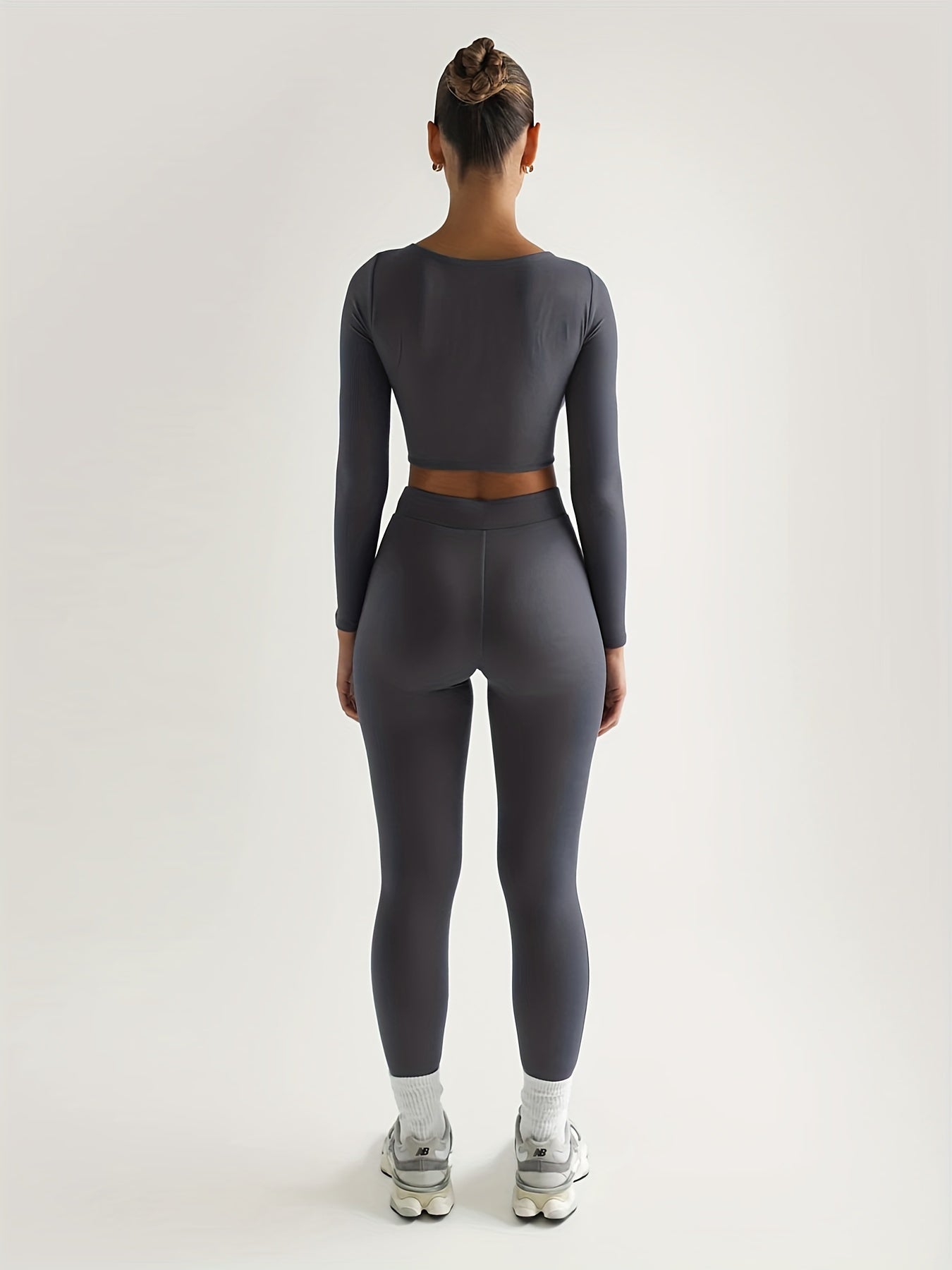 Antmvs Solid Slim Two-piece Set, Casual Long Sleeve Crop Top & High Waist Skinny Pants Outfits, Women's Clothing