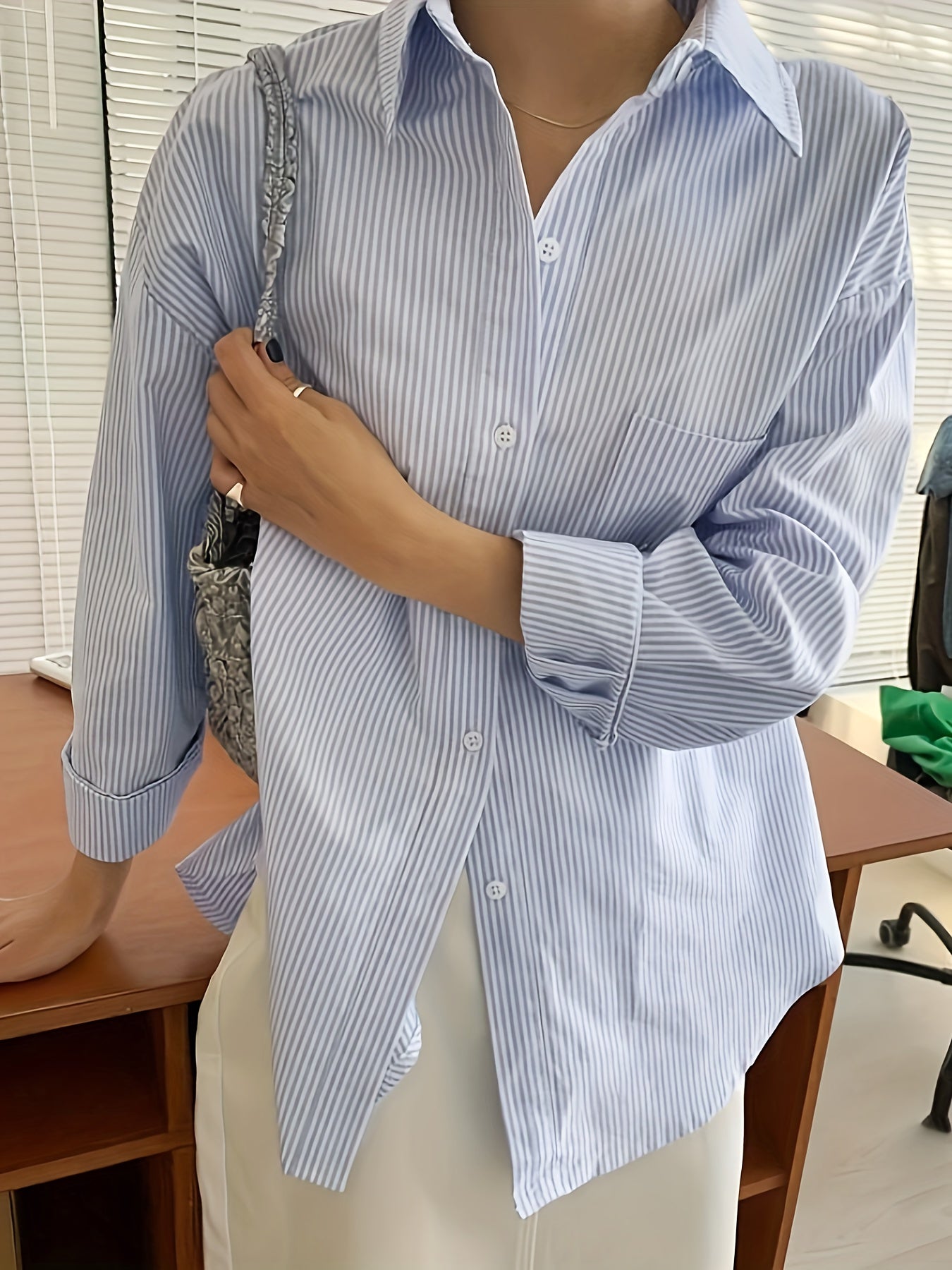 Antmvs Striped Print Patched Pocket Shirt, Vintage Long Sleeve Drop Shoulder Shirt, Women's Clothing