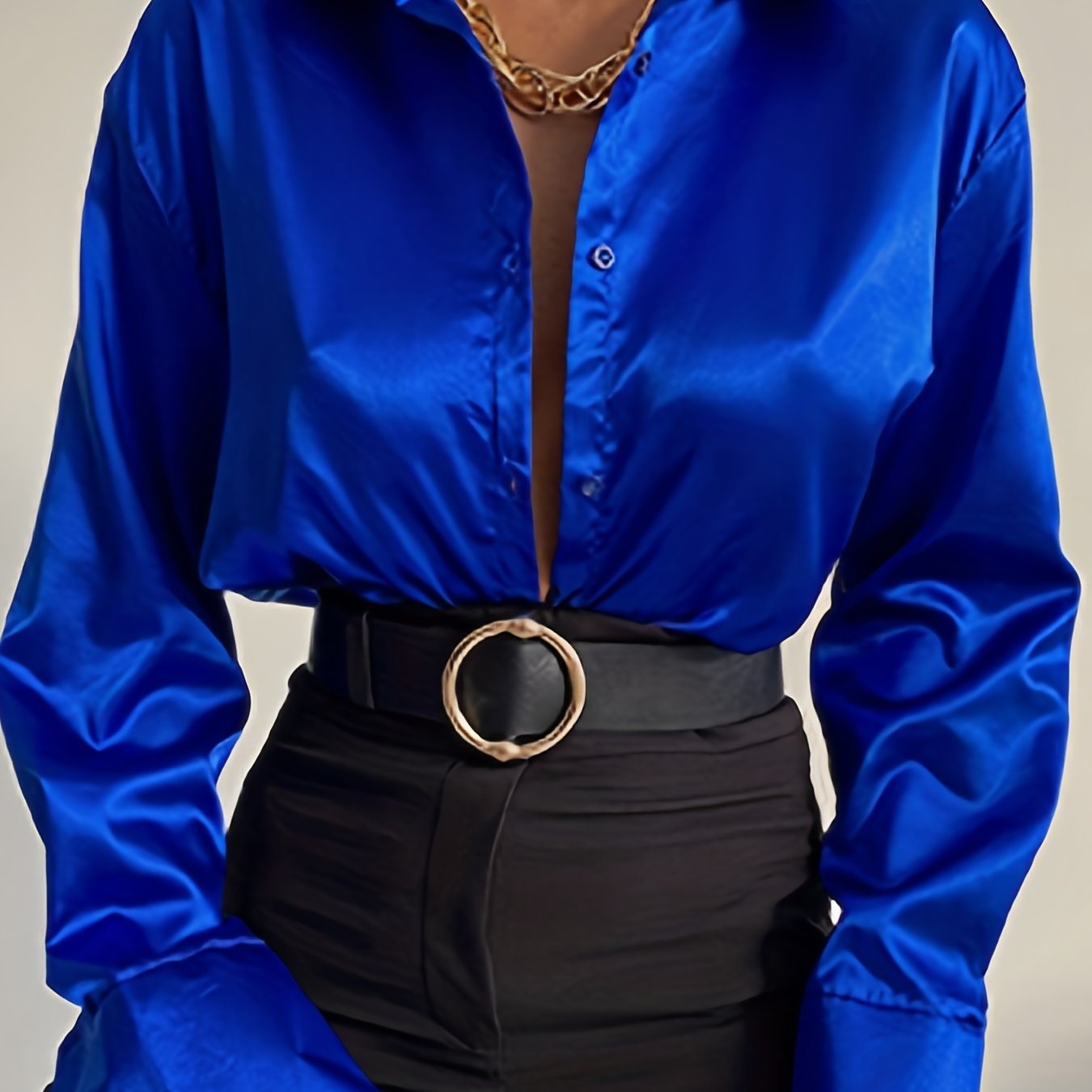 Antmvs Solid Button Front Shirt, Casual Satin Long Sleeve Collar Shirt, Women's Clothing