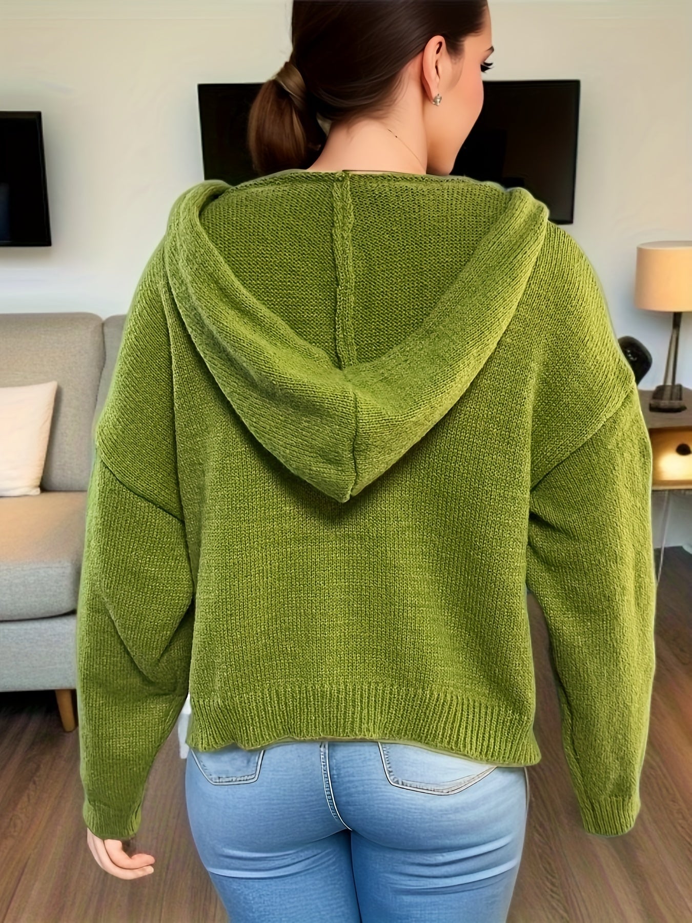 Antmvs Solid Drawstring Hooded Sweater, Casual Long Sleeve Drop Shoulder Loose Sweater, Women's Clothing