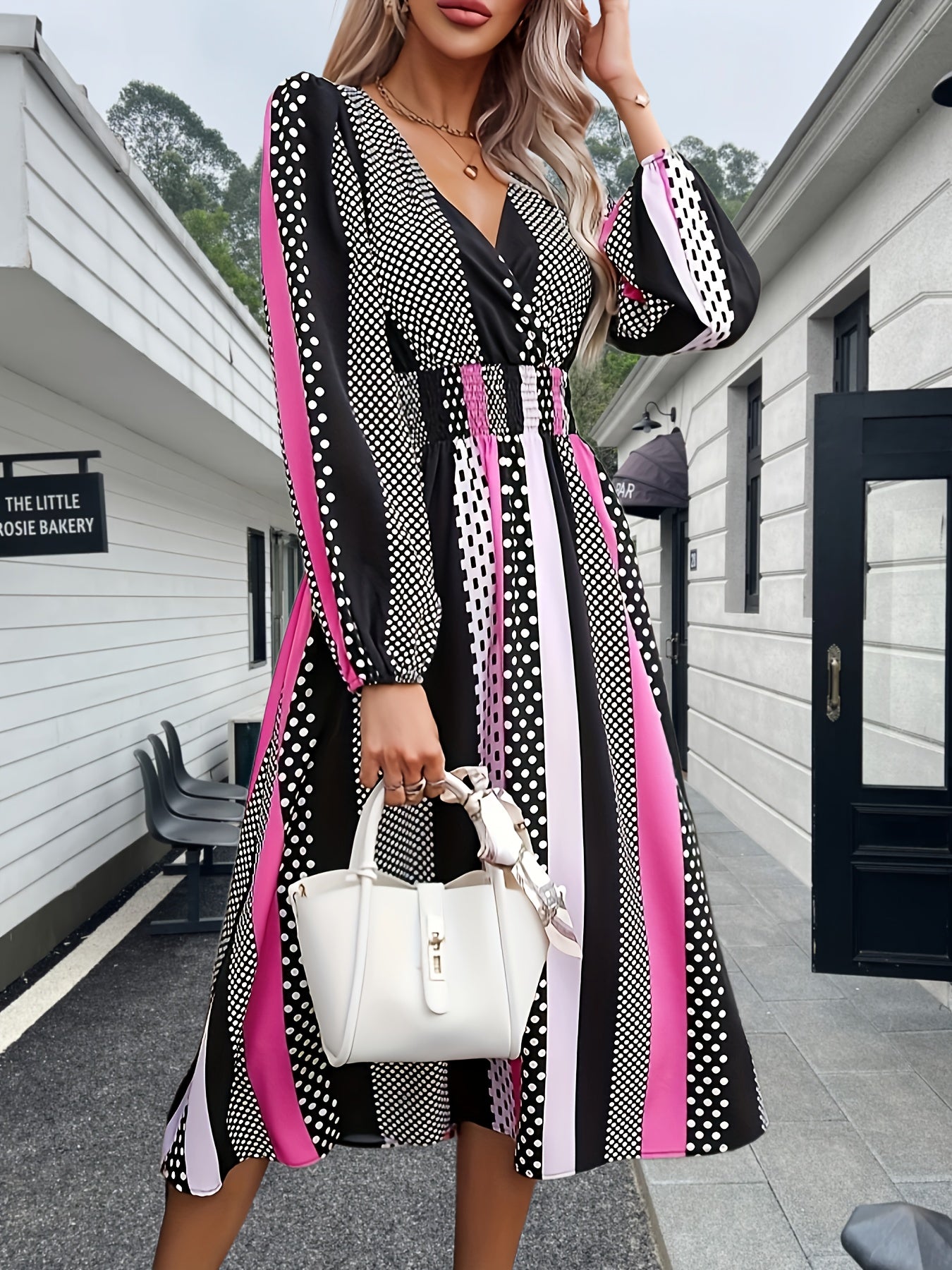 Antmvs Striped Print Shirred Waist Dress, Casual V Neck Long Sleeve Dress, Women's Clothing