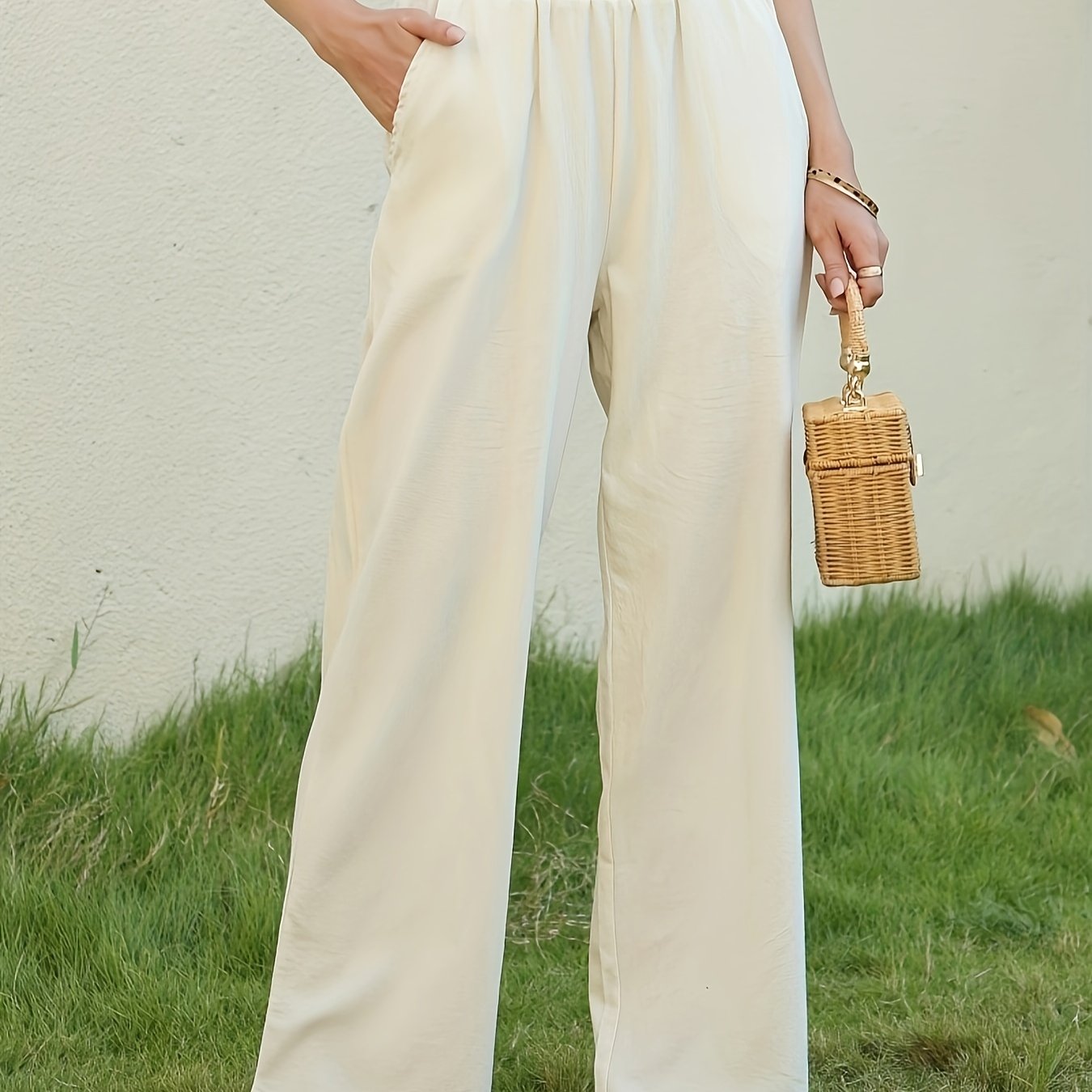 Antmvs Solid Wide Leg Elastic Waist Pants, Casual Dual Pockets Loose Pants, Women's Clothing