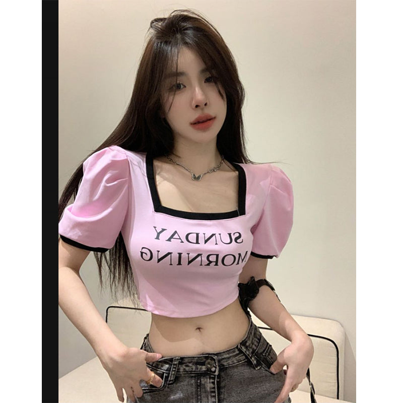 Antmvs SUNDAY MORNING Letter Print Square Neck Short Puffed Sleeve Slim Cropped Top