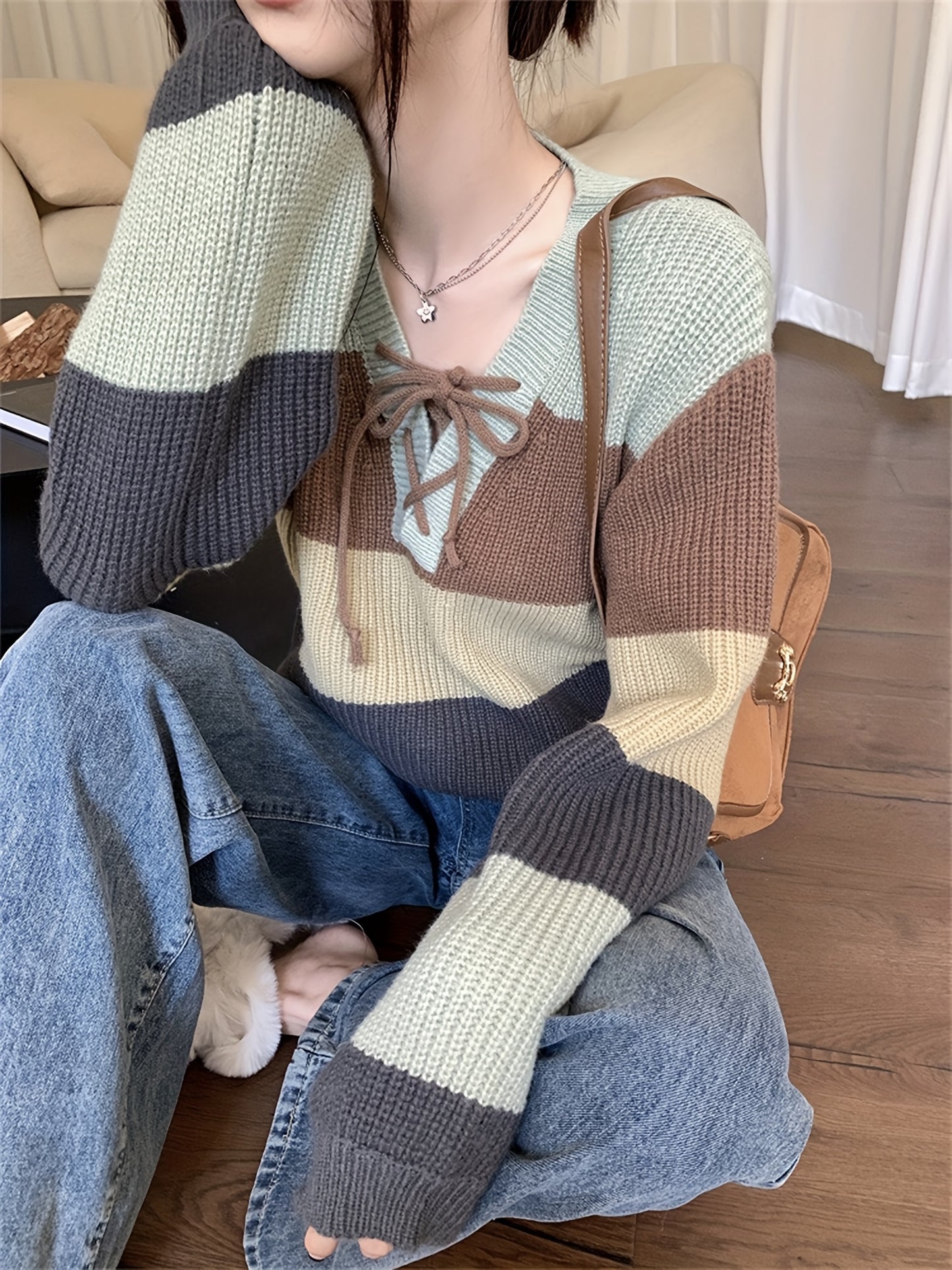 Antmvs Color Block Drawstring Knit Sweater, Casual Long Sleeve Loose Fashion Sweater, Women's Clothing