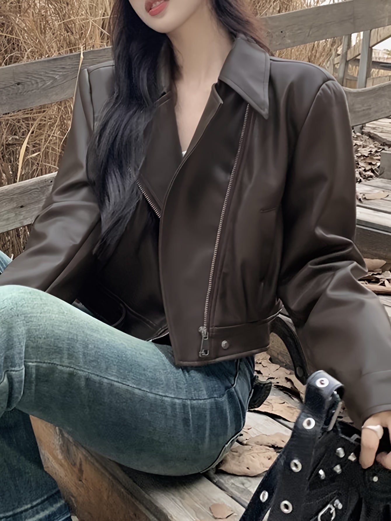 Antmvs Faux Leather Zip-up Jacket, Casual Long Sleeve Crop Biker Jacket For Fall & Winter, Women's Clothing