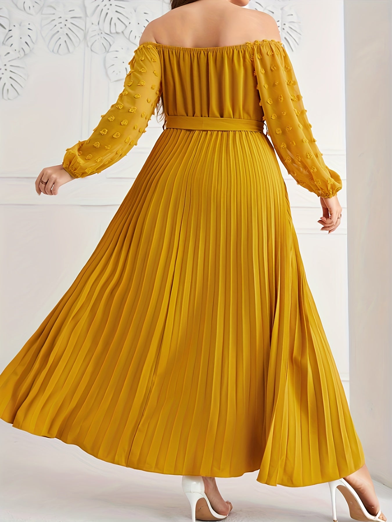 Antmvs Plus Size Casual Dress, Women's Plus Solid Swiss Dot Off Shoulder Lantern Sleeve Slight Stretch Pleated Maxi Dress With Belt