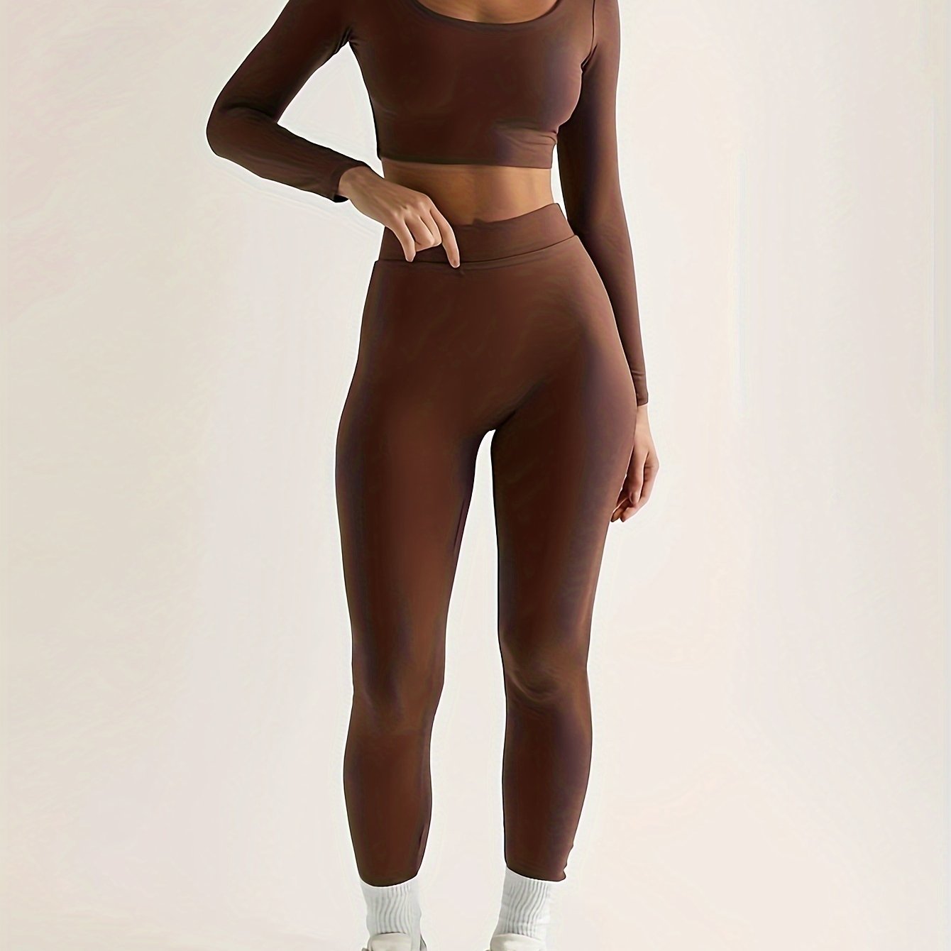 Antmvs Solid Slim Two-piece Set, Casual Long Sleeve Crop Top & High Waist Skinny Pants Outfits, Women's Clothing