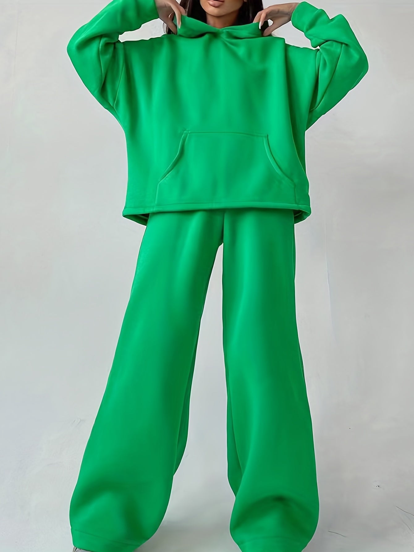 Antmvs Casual Solid Two-piece Set, Kangaroo Pocket Hoodie & Wide Leg Pants Outfits, Women's Clothing