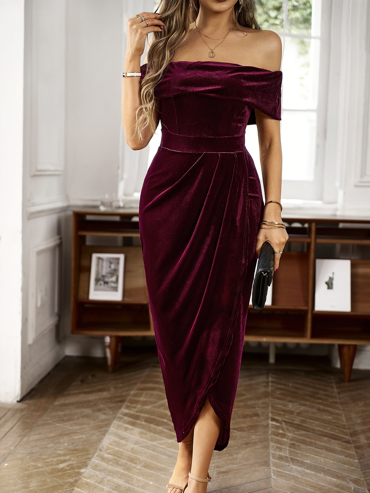Antmvs Off Shoulder Tucked Dress, Elegant Solid Bodycon Party Dress, Women's Clothing