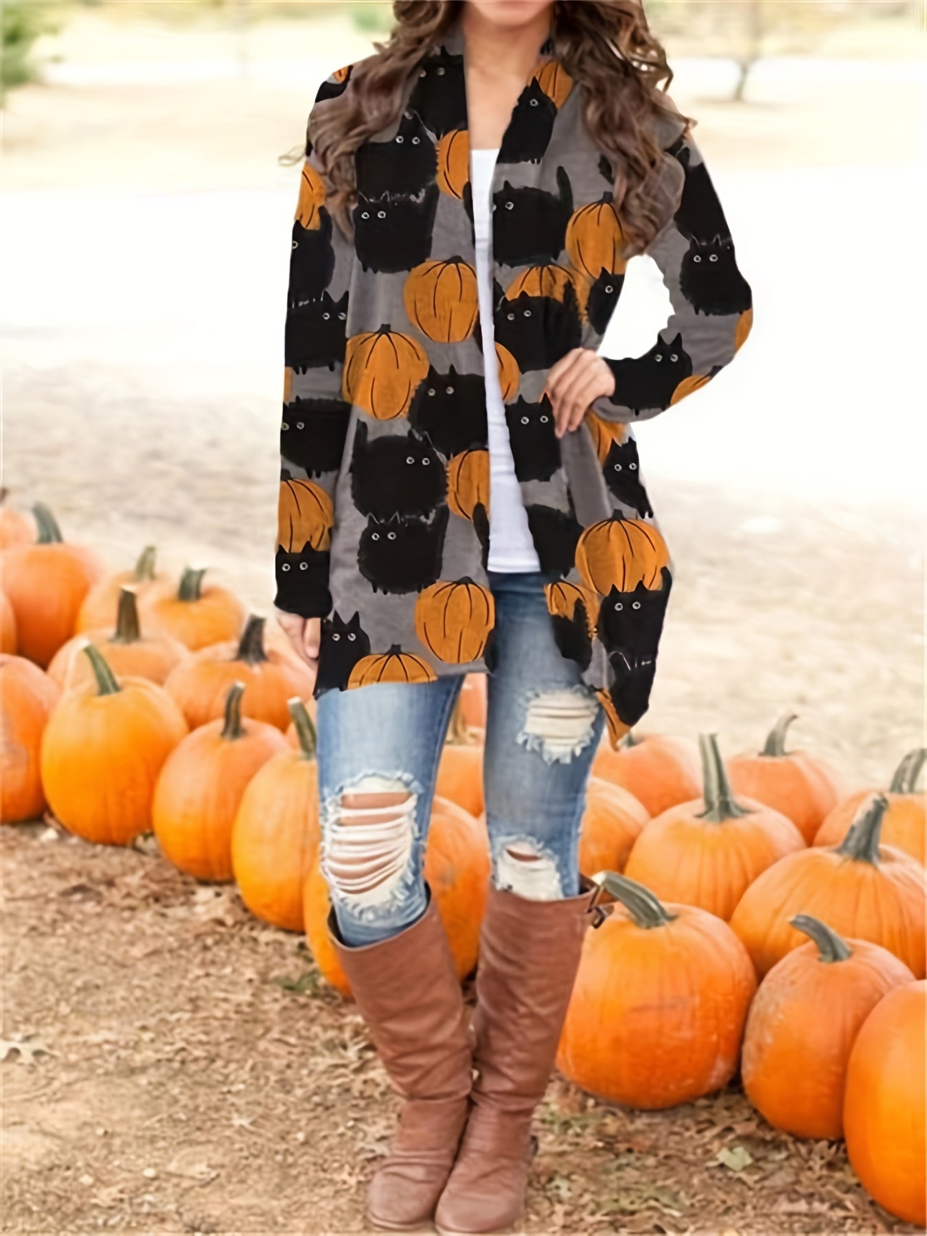 Antmvs Halloween Pumpkin Pattern Cardigan, Casual Open Front Long Sleeve Cardigan For Spring & Fall, Women's Clothing