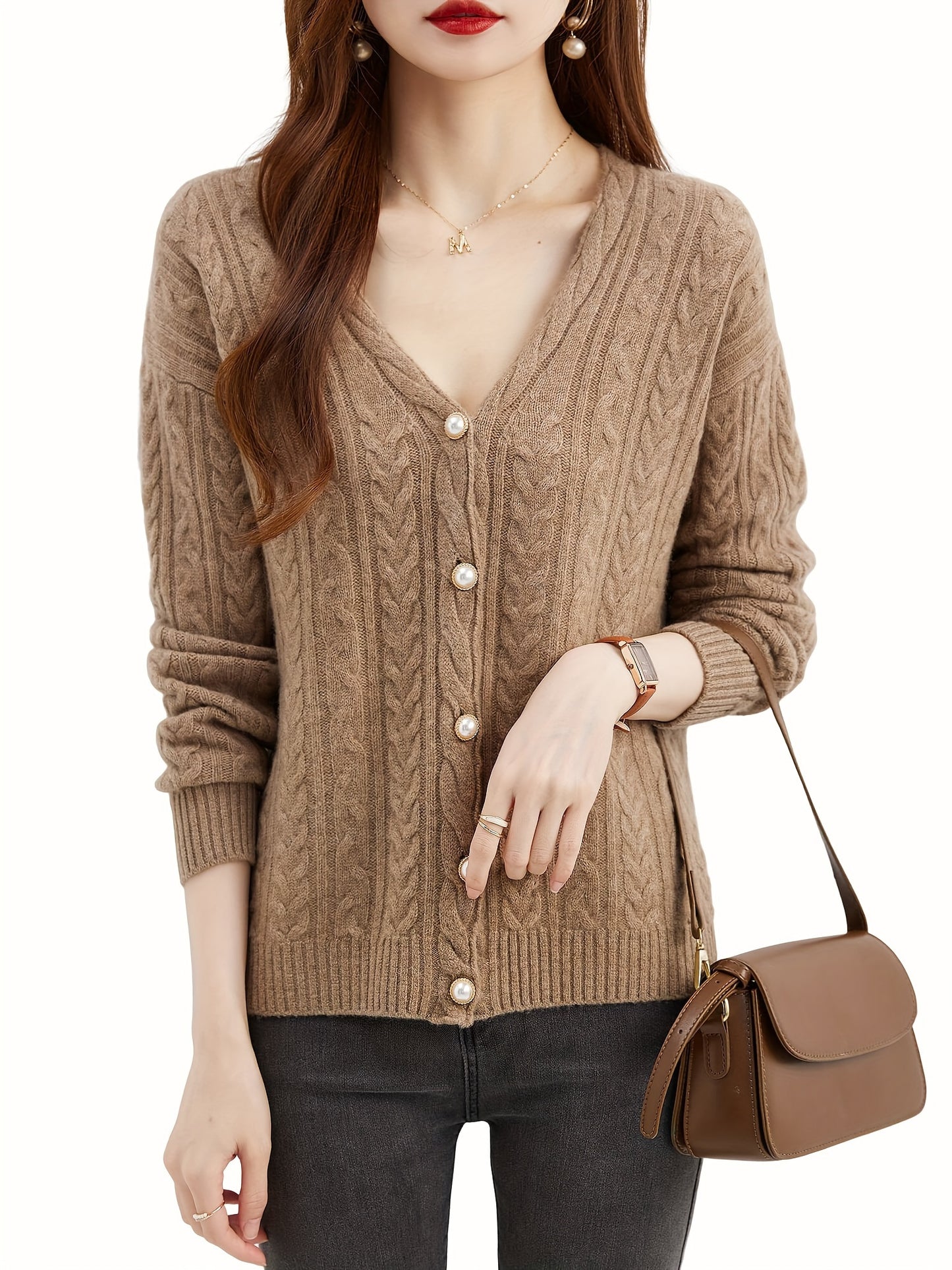 Antmvs Solid Button Down Wool Cable Knit Cardigan, Elegant V Neck Long Sleeve Cozy Sweater, Women's Clothing