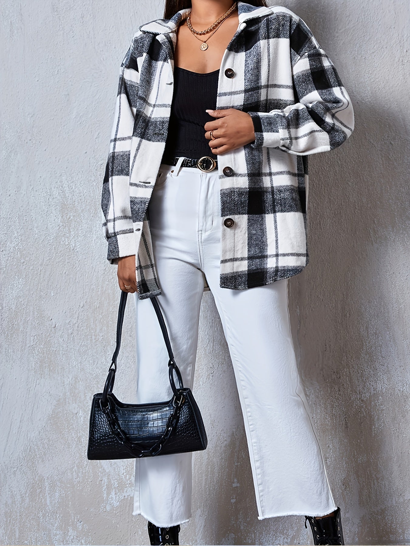 Antmvs Plaid Print Button Front Jacket, Casual Long Sleeve Jacket For Fall & Winter, Women's Clothing