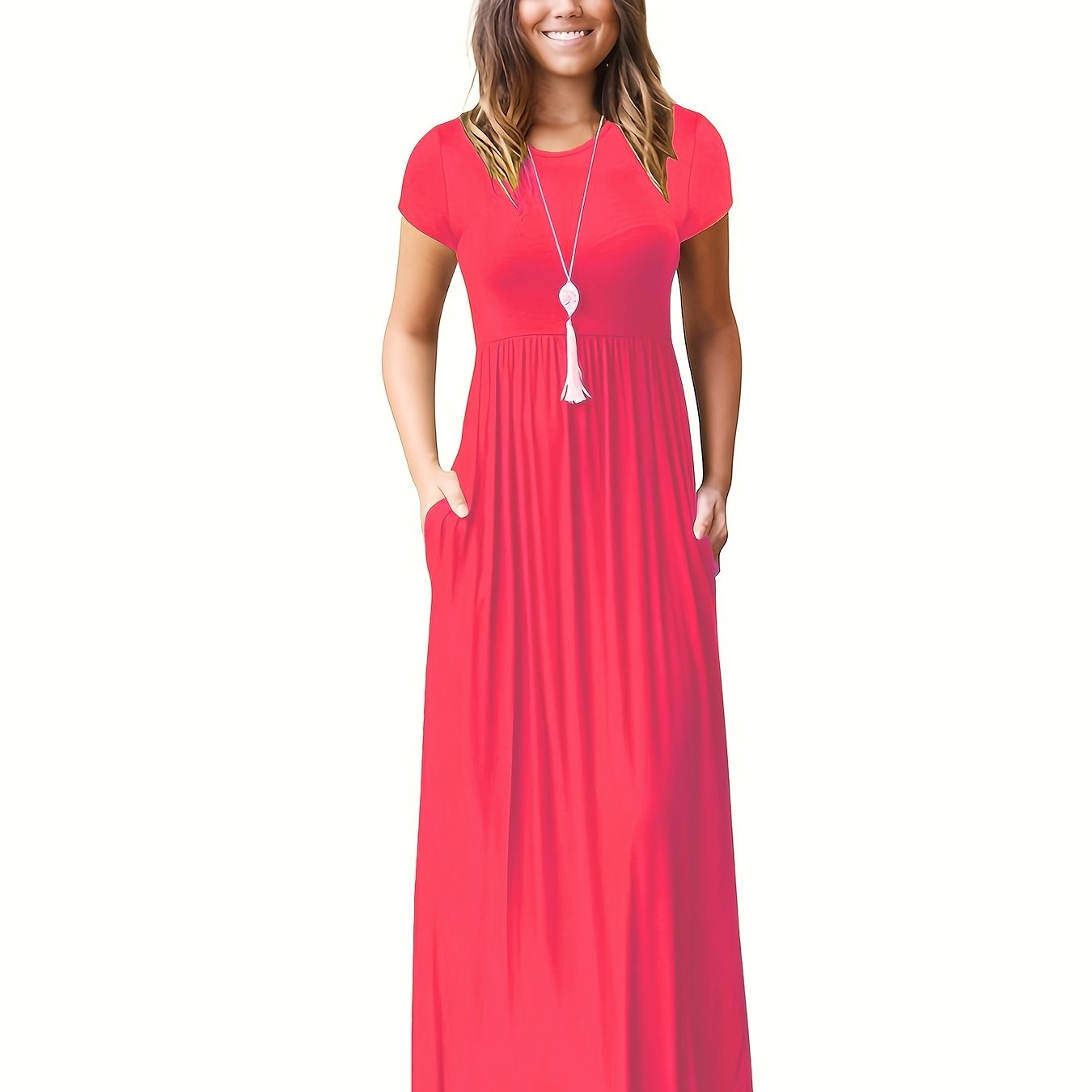 Antmvs Pleated Maxi Dress, Casual Crew Neck Short Sleeve Dress With Pockets, Women's Clothing