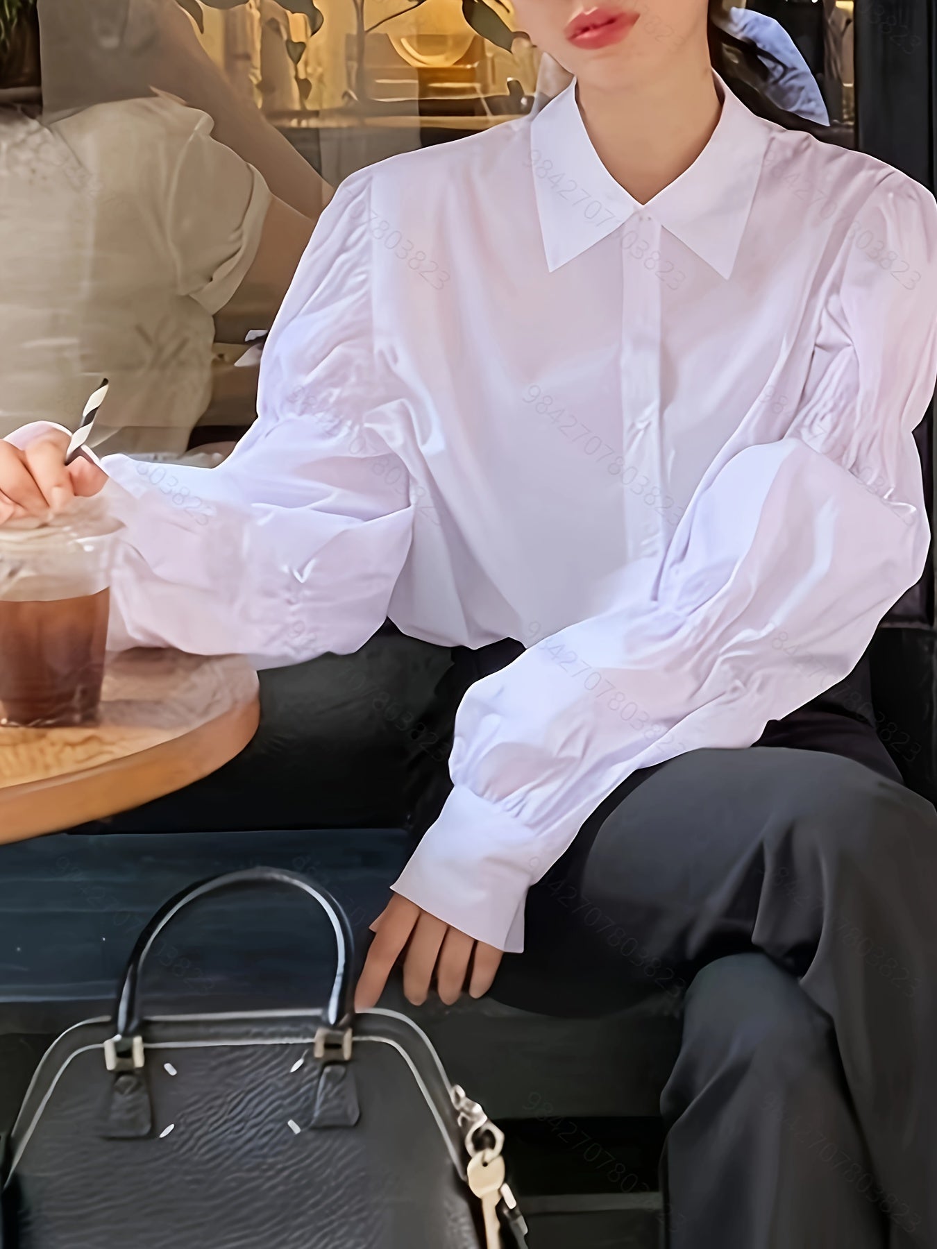Antmvs Solid Polo Collar Blouse, Elegant Long Puff Sleeve Blouse For Spring & Fall, Women's Clothing