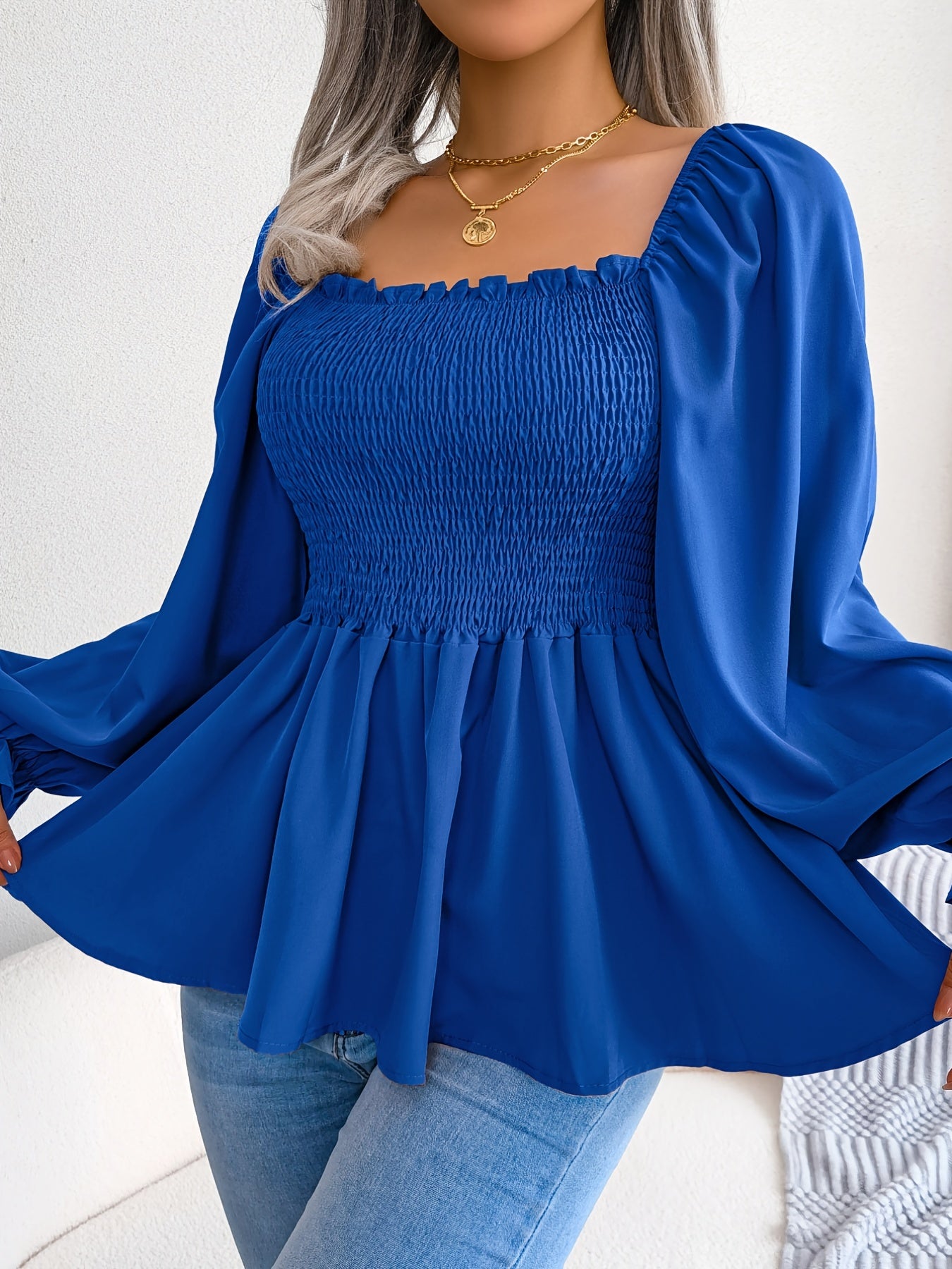 Antmvs Shirred Lantern Sleeve Shirt, Casual Squared Neck Pleated Ruffle Trim Solid Shirt, Women's Clothing