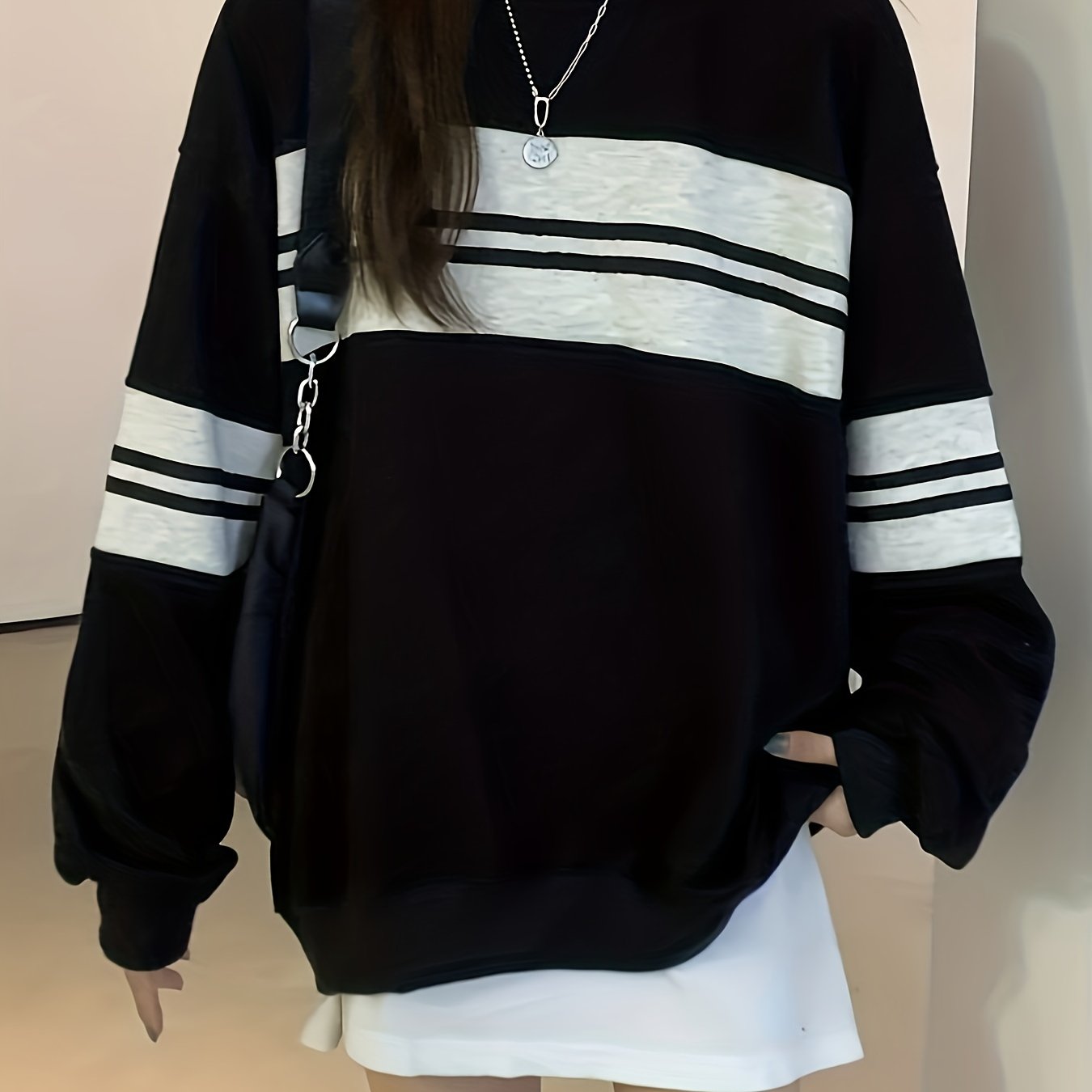 Antmvs Striped Crew Neck Sweatshirt, Casual Long Sleeve Drop Shoulder Sweatshirt, Women's Clothing