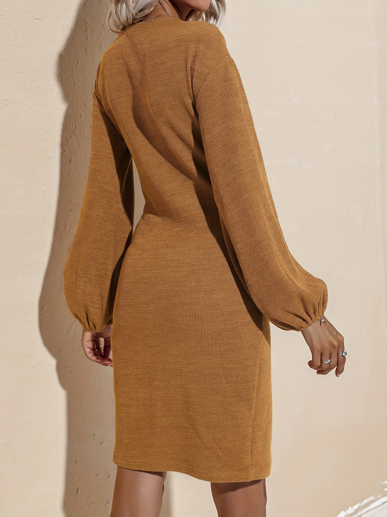 Antmvs Surplice Neck Lantern Sleeve Dress, Elegant Solid Versatile Dress, Women's Clothing