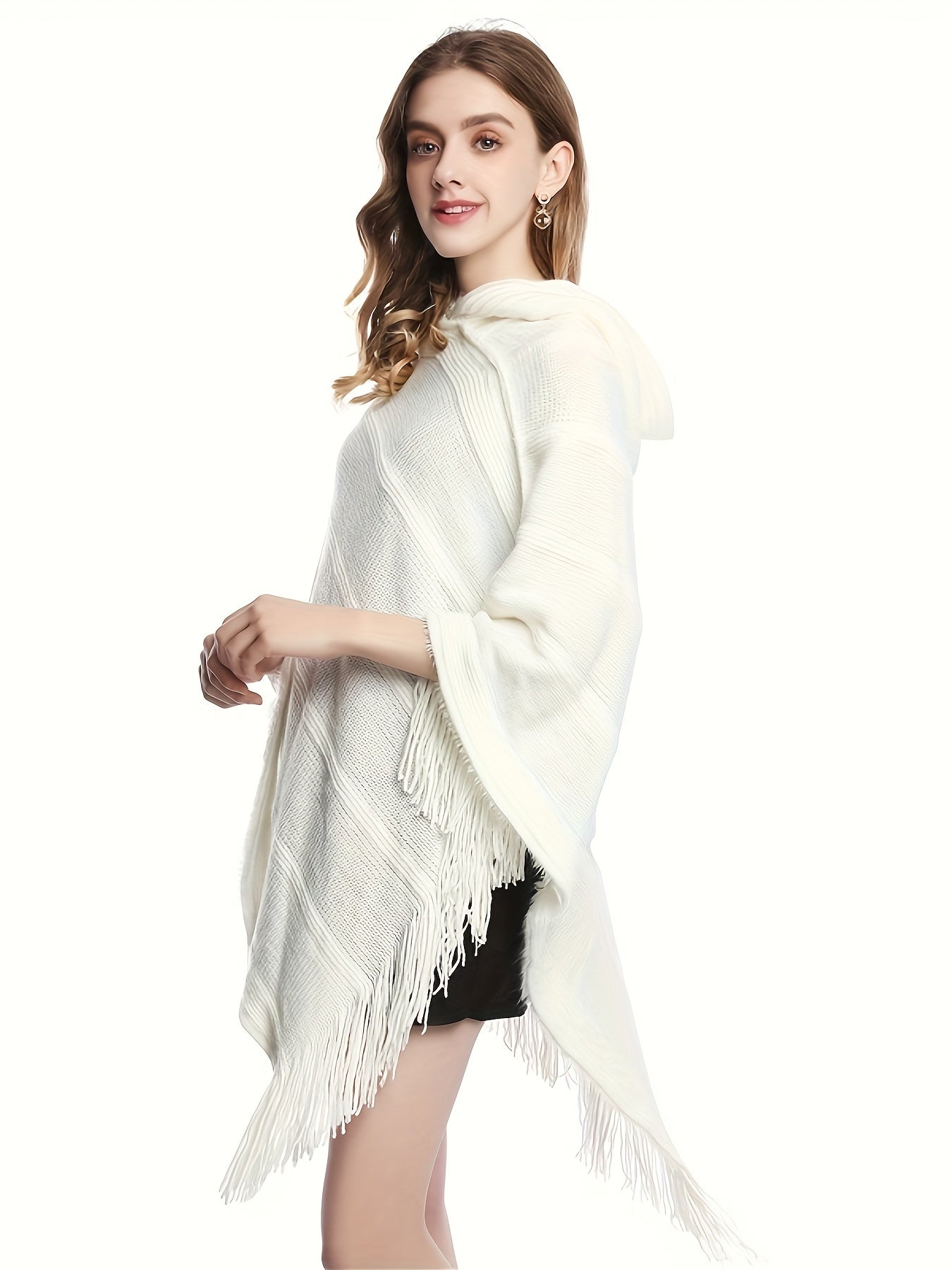 Antmvs Tassel Shawl Hooded Shawl Sweater, Vintage Solid Asymmetrical Hem Poncho Sweater, Women's Clothing
