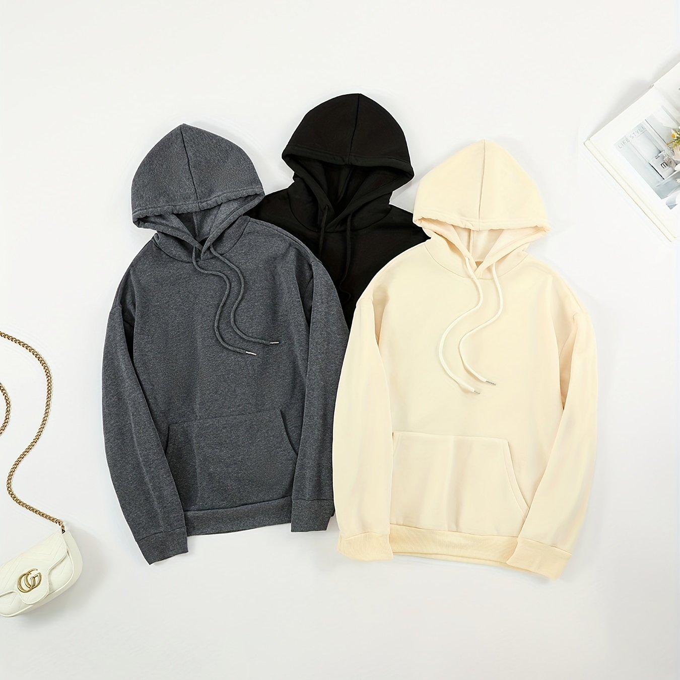 Antmvs 3pcs Solid Color Front Pocket Hooded Sweatshirts, Casual Loose Long Sleeve Sports Drawstring Hoodie, Women's Sporty Sweatshirts