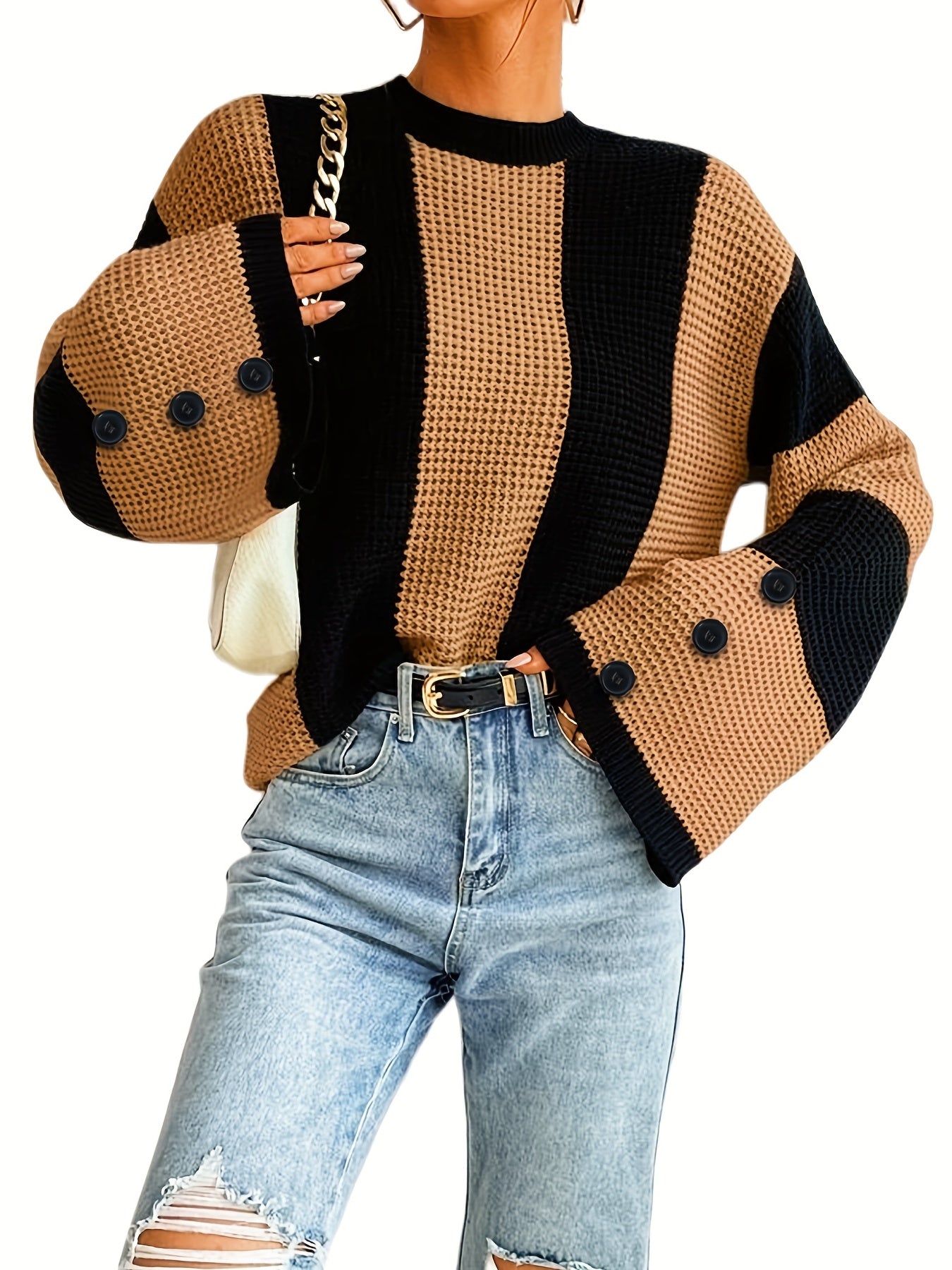 Antmvs Striped Flare Sleeve Pullover Sweater, Casual Button Decor Crew Neck Knitted Top, Women's Clothing