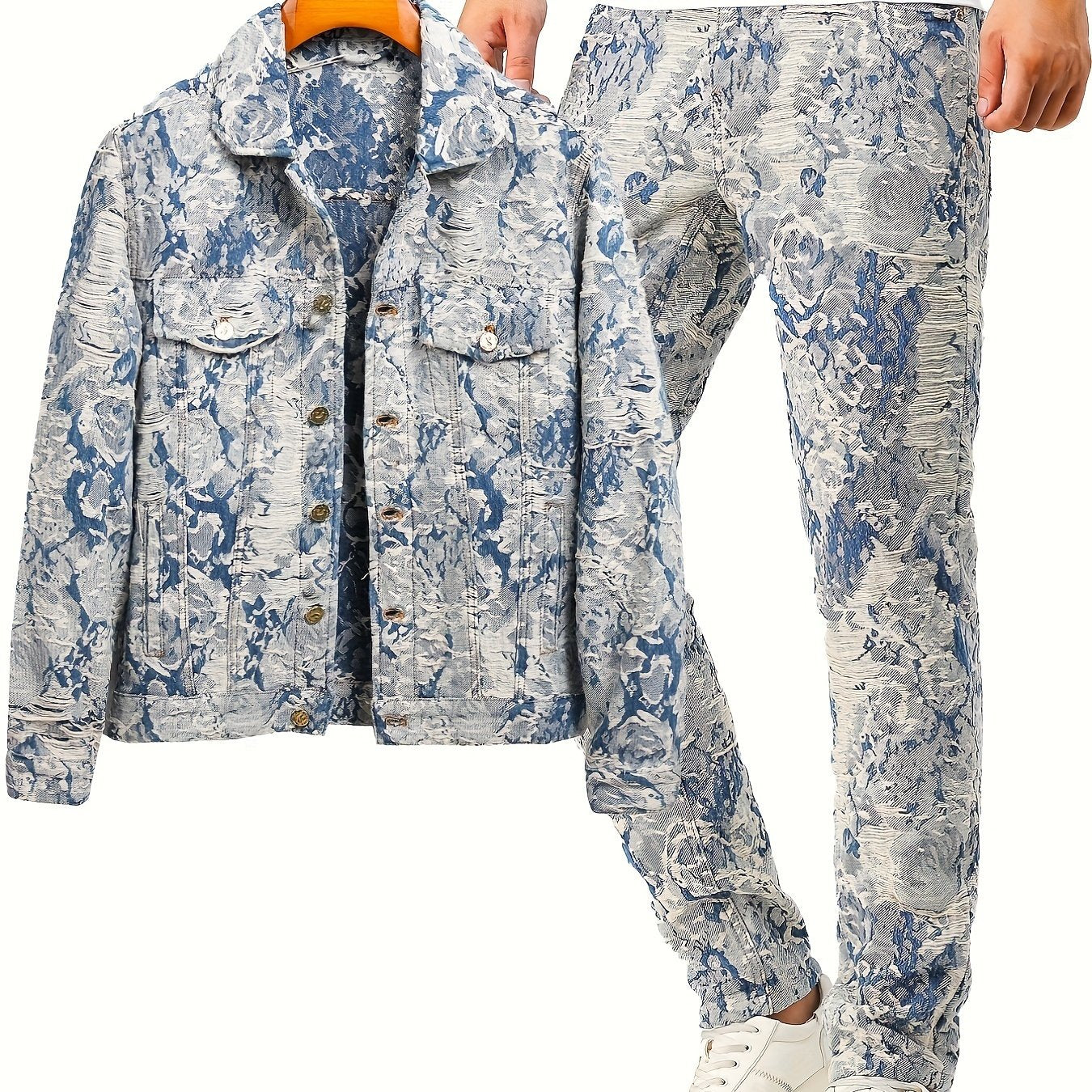 Antmvs Men's Jacquard 2pcs, Trendy Lapel Long Sleeve Jacket And Straight Leg Stylish Pants For Spring And Autumn