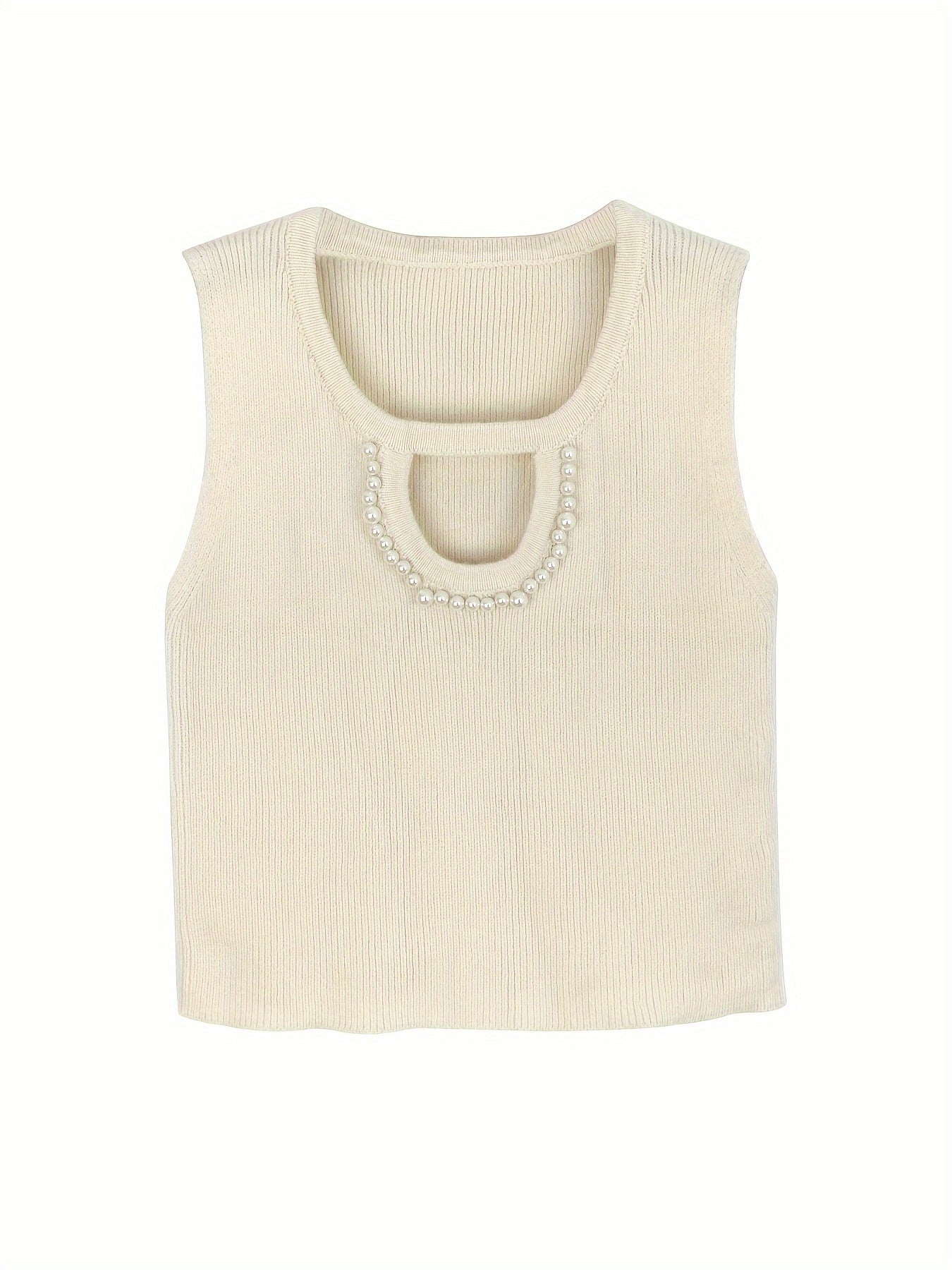 Antmvs Beaded Cut Out Knitted Top, Casual Crew Neck Sleeveless Tank Top, Women's Clothing