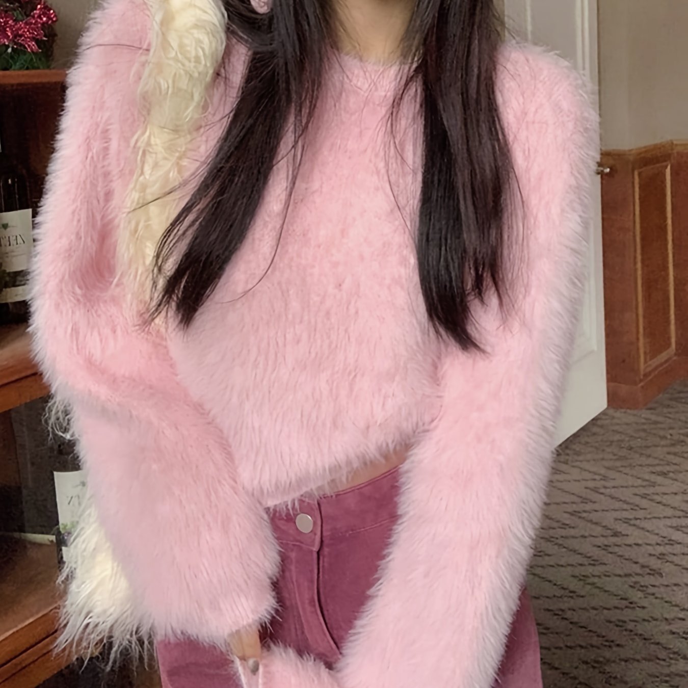Antmvs Solid Color Faux Fur Crew Neck Sweater, Chic Long Sleeve Sweater For Fall & Winter, Women's Clothing