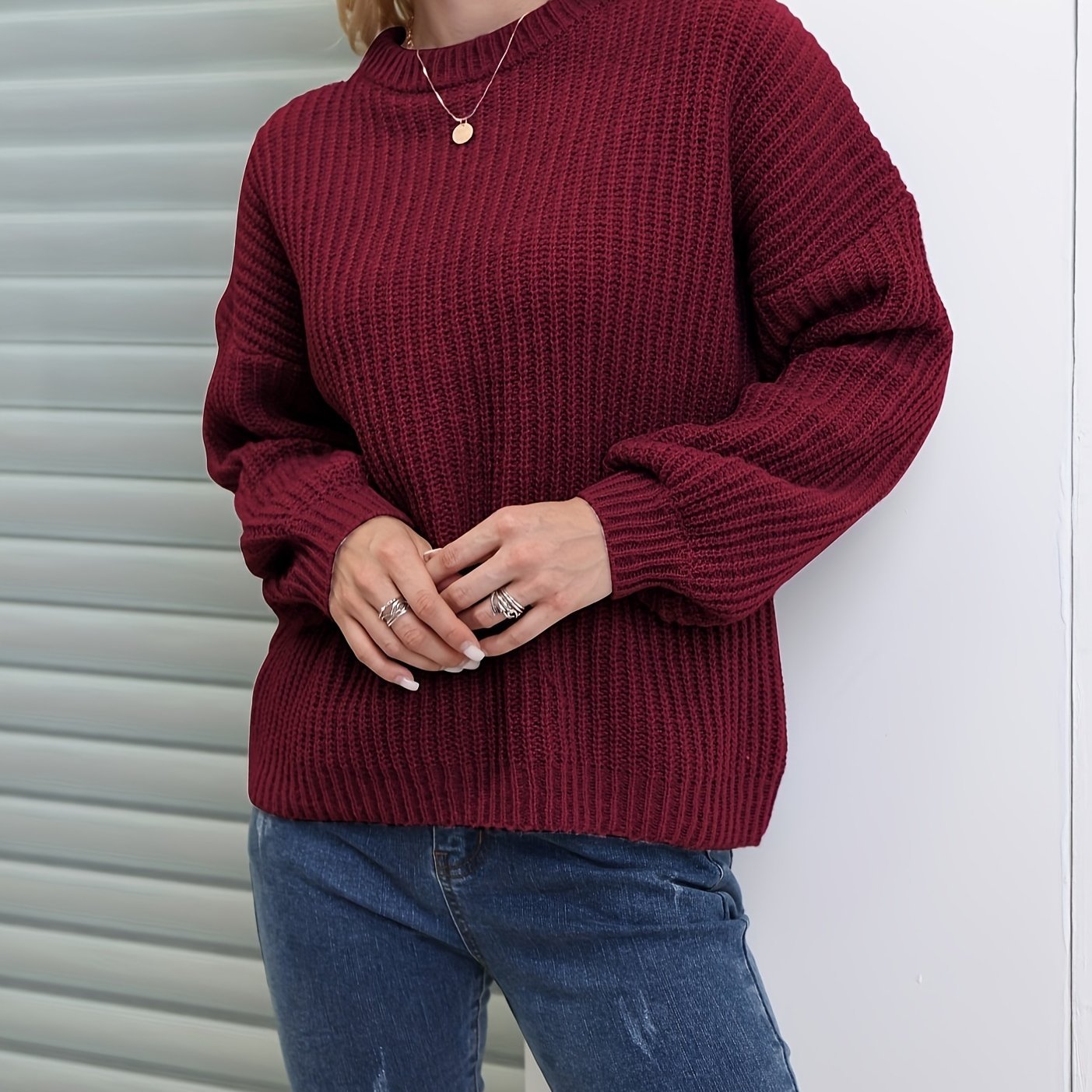 Antmvs Solid Versatile Knit Pullover Sweater, Casual Crew Neck Drop Shoulder Long Sleeve Sweater, Women's Clothing