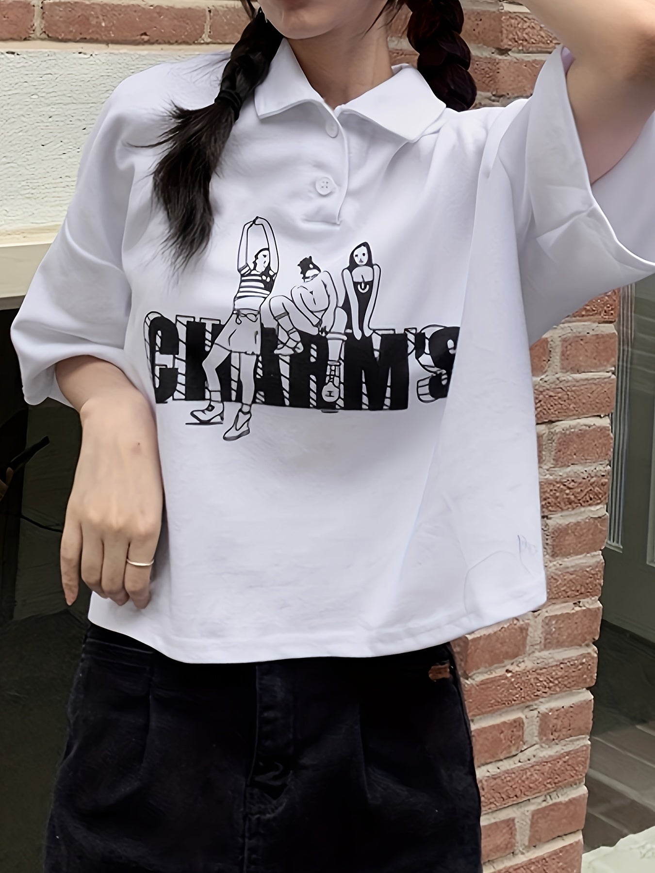 Antmvs Figure & Letter Print Button Front T-Shirt, Casual Short Sleeve Lapel T-Shirt For Spring & Summer, Women's Clothing