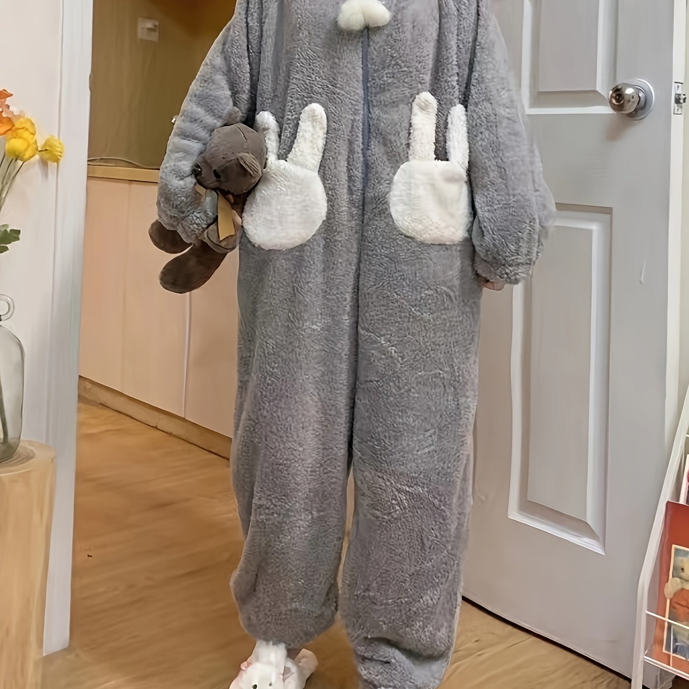 Antmvs Cartoon Bunny Fuzzy Hooded Jumpsuit, Cute Long Sleeve Zipper Pajamas, Women's Sleepwear & Loungewear
