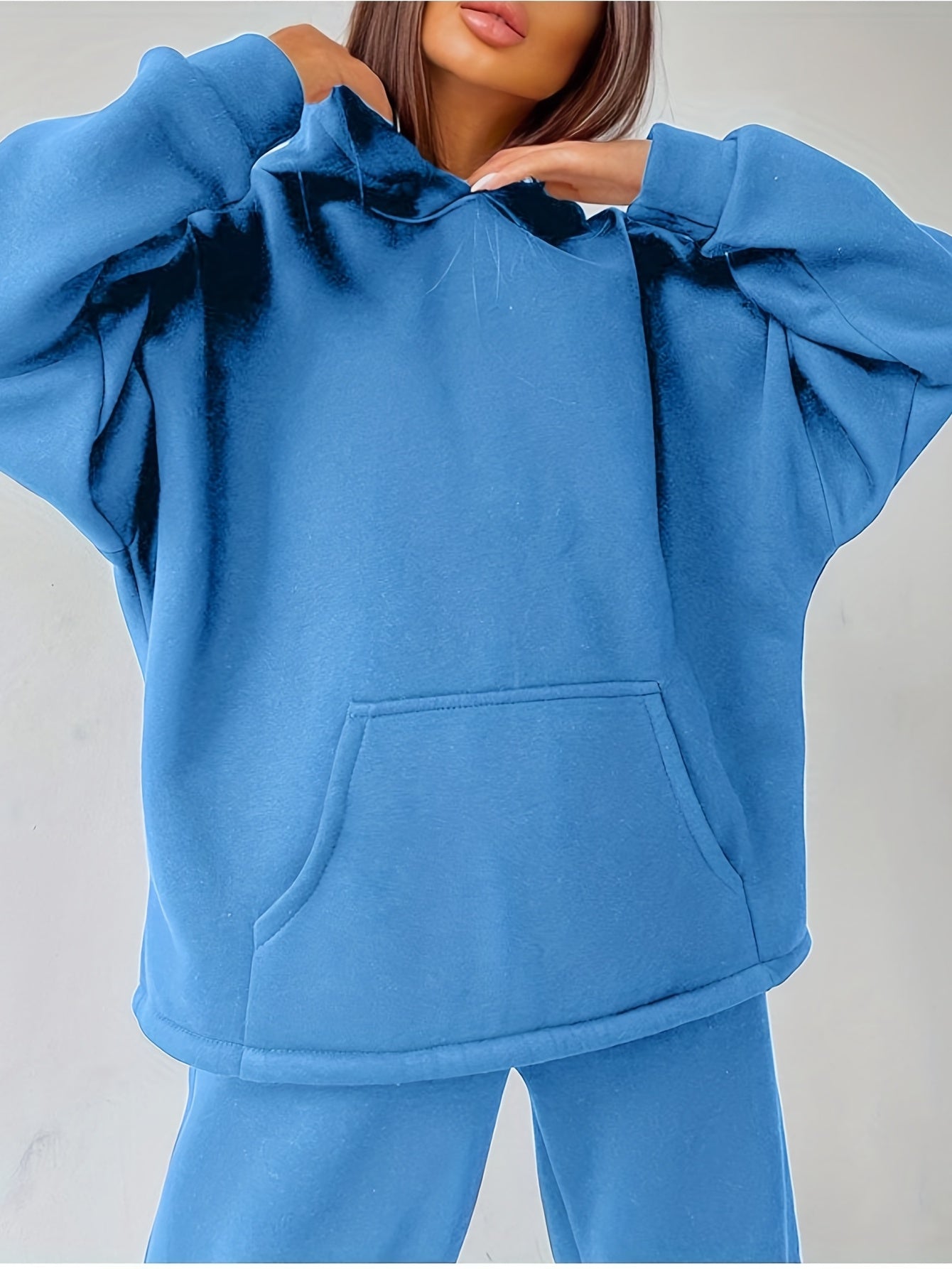 Antmvs Casual Solid Two-piece Set, Kangaroo Pocket Hoodie & Wide Leg Pants Outfits, Women's Clothing