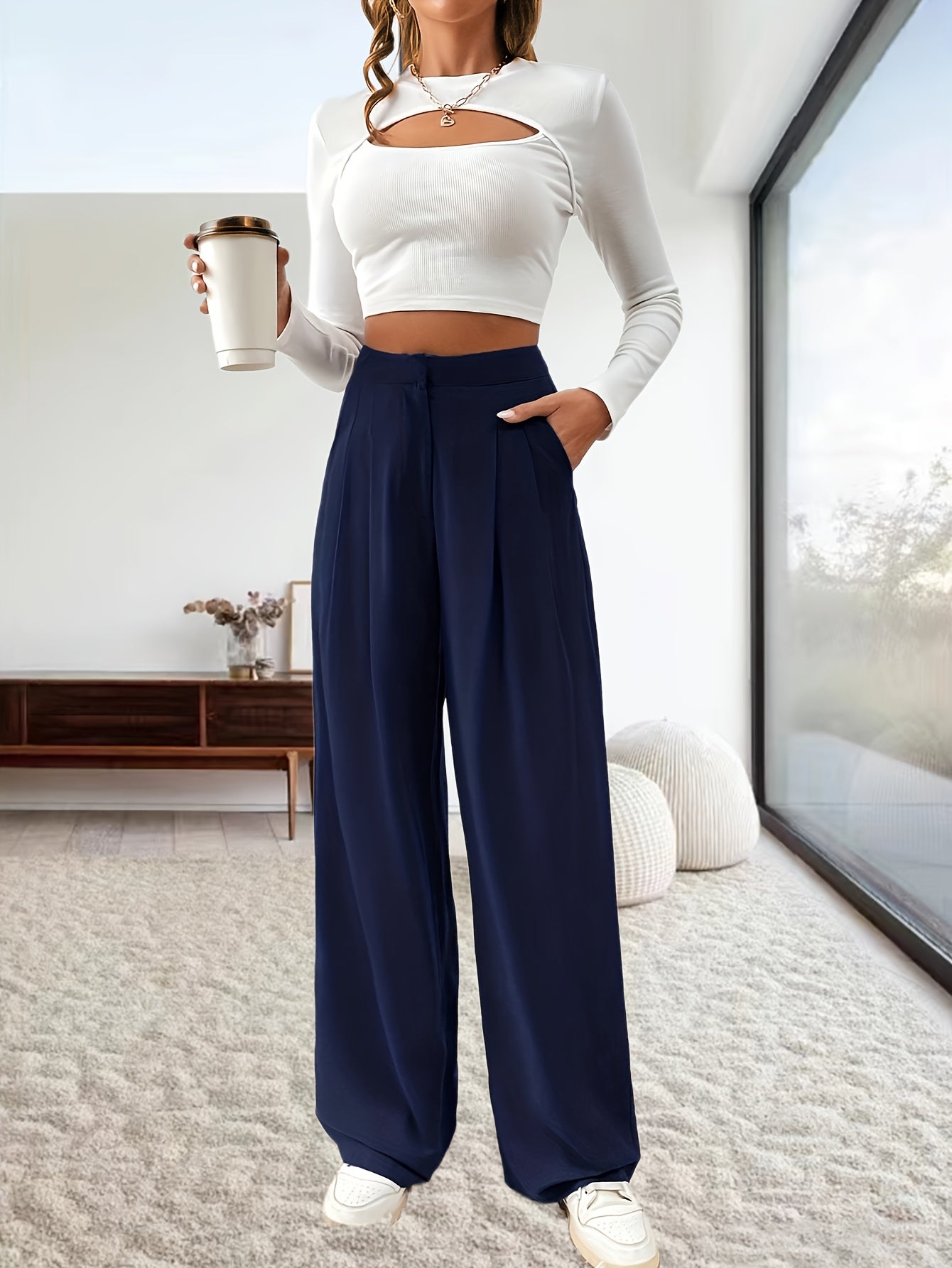 Antmvs Solid Ruched Pants, Casual High Waist Wide Leg Daily Work Pants, Women's Clothing