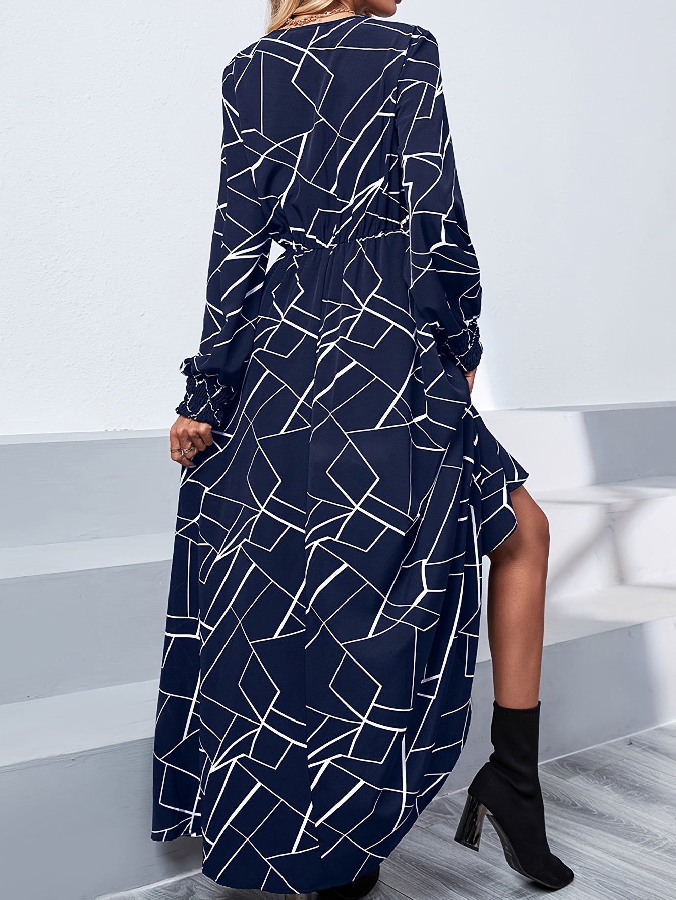Antmvs Abstract Print Shirred V-neck Dress, Elegant Button Long Sleeve High-waist Dress For Every Day, Women's Clothing