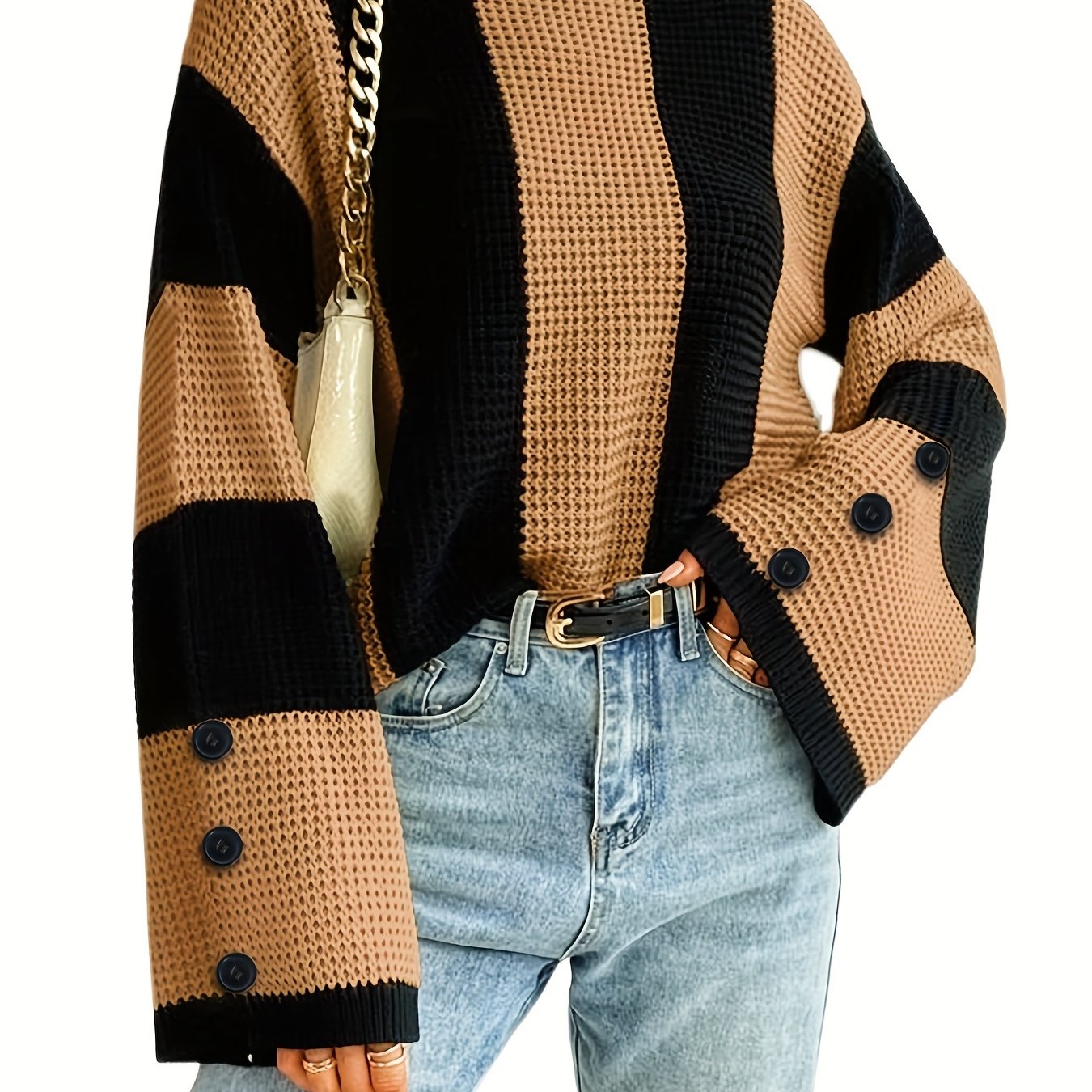 Antmvs Striped Flare Sleeve Pullover Sweater, Casual Button Decor Crew Neck Knitted Top, Women's Clothing