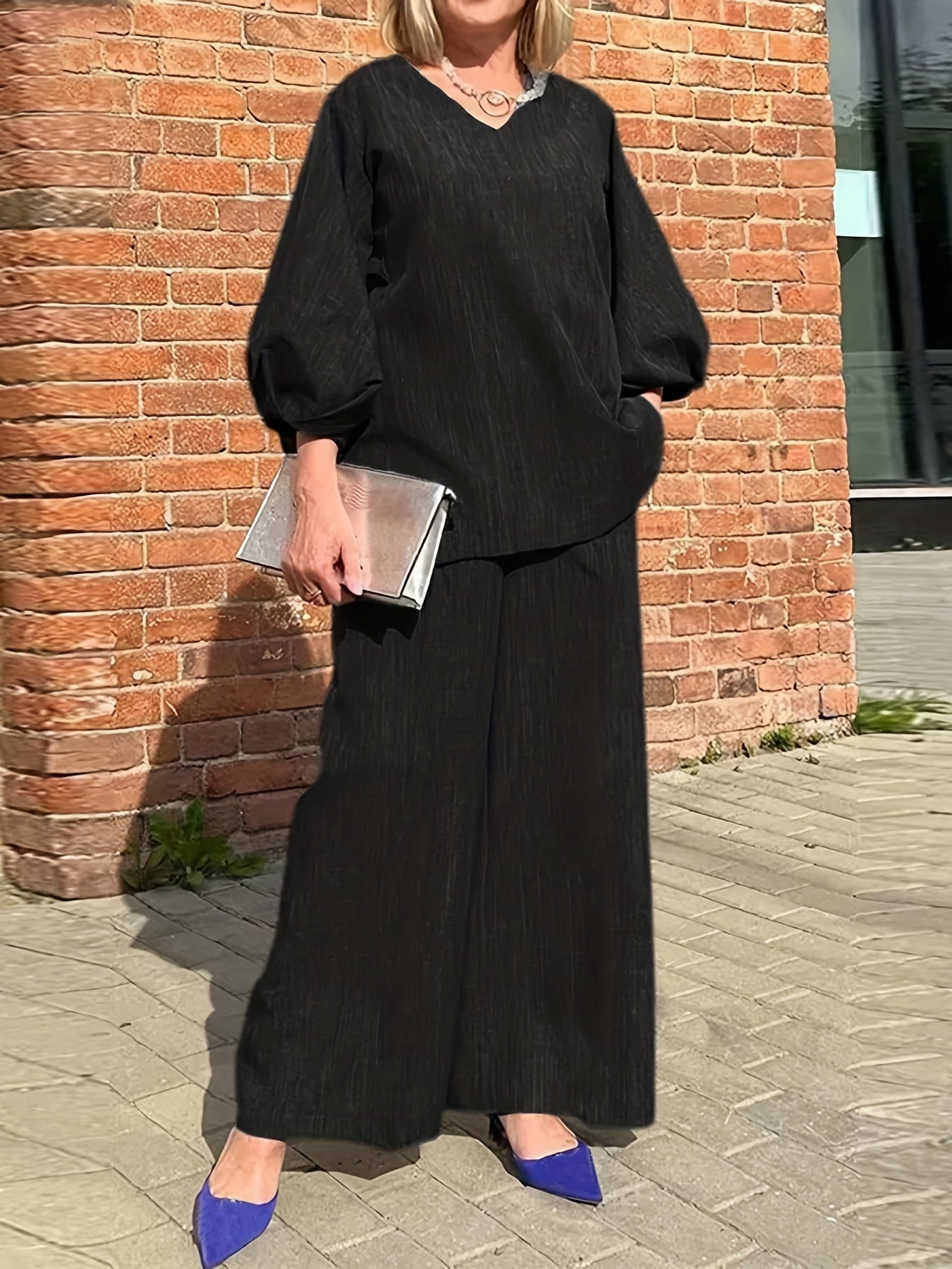 Antmvs Solid Casual Two-piece Set, V Neck Lantern Sleeve Tops & Wide Leg Pants Outfits, Women's Clothing
