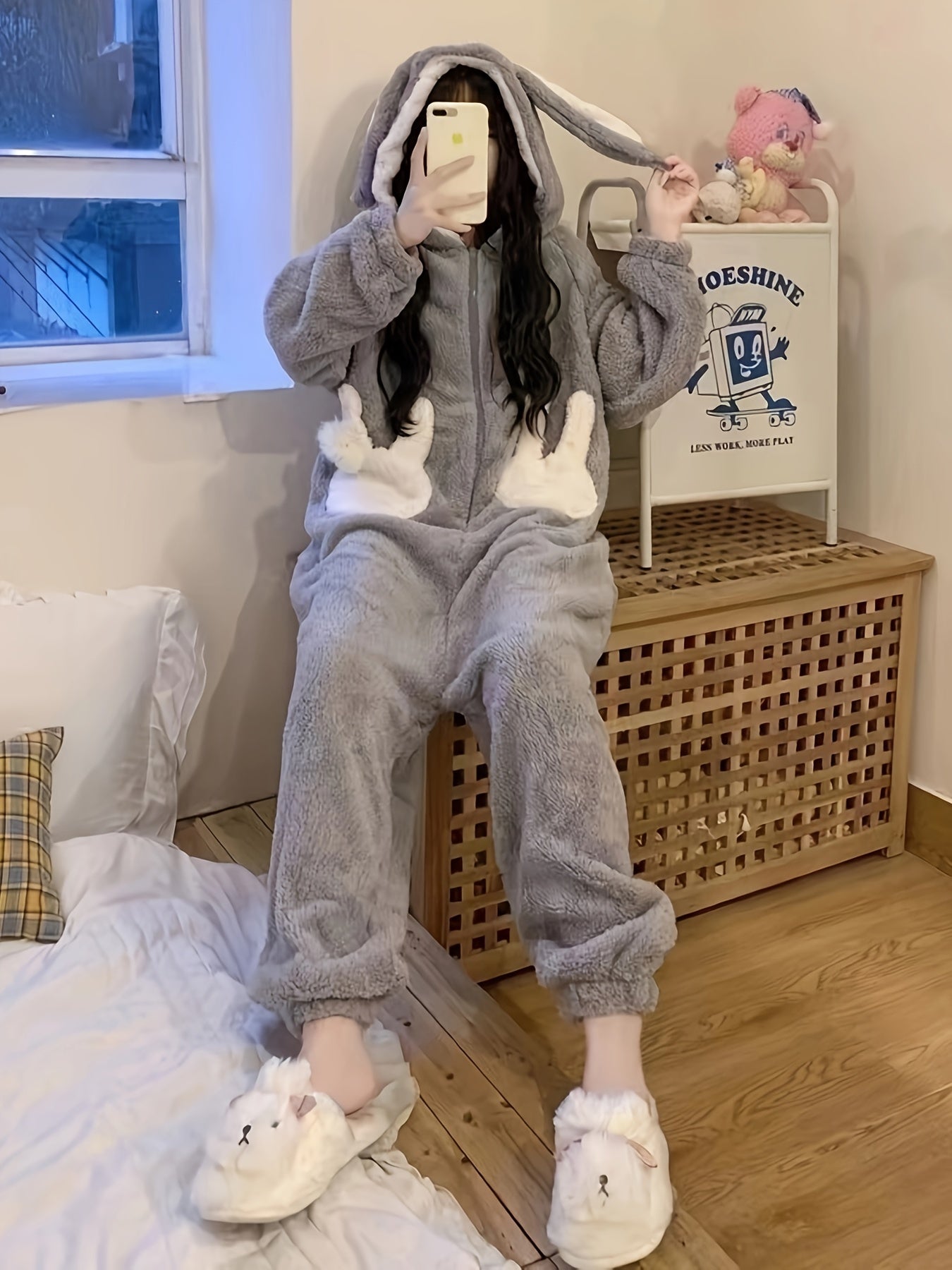 Antmvs Cartoon Bunny Fuzzy Hooded Jumpsuit, Cute Long Sleeve Zipper Pajamas, Women's Sleepwear & Loungewear