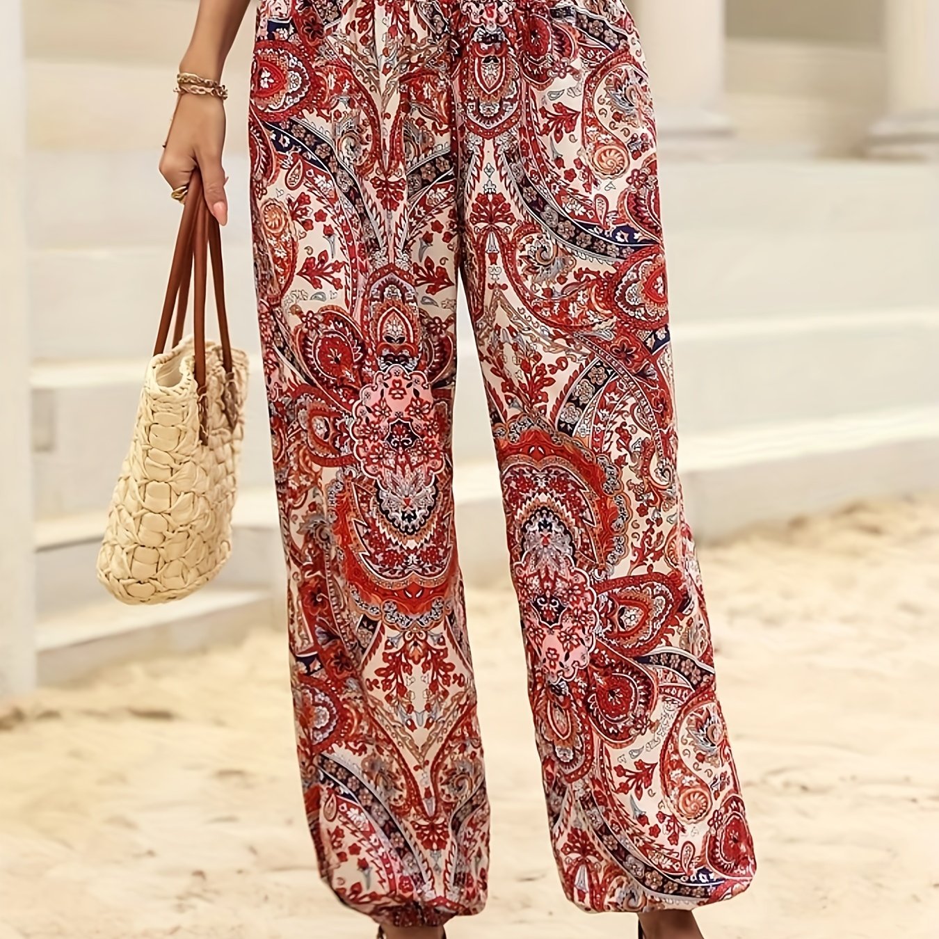 Antmvs Paisley Print Shirred Pants, Boho Long Length High Waist Pants For All Season, Women's Clothing