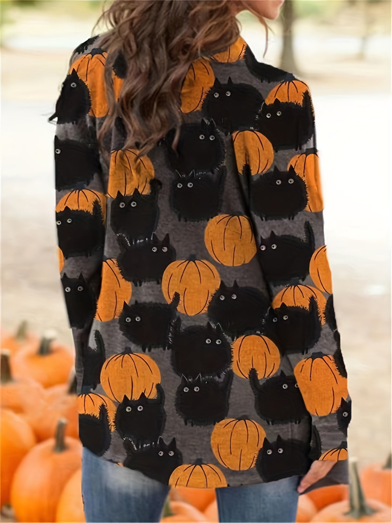 Antmvs Halloween Pumpkin Pattern Cardigan, Casual Open Front Long Sleeve Cardigan For Spring & Fall, Women's Clothing