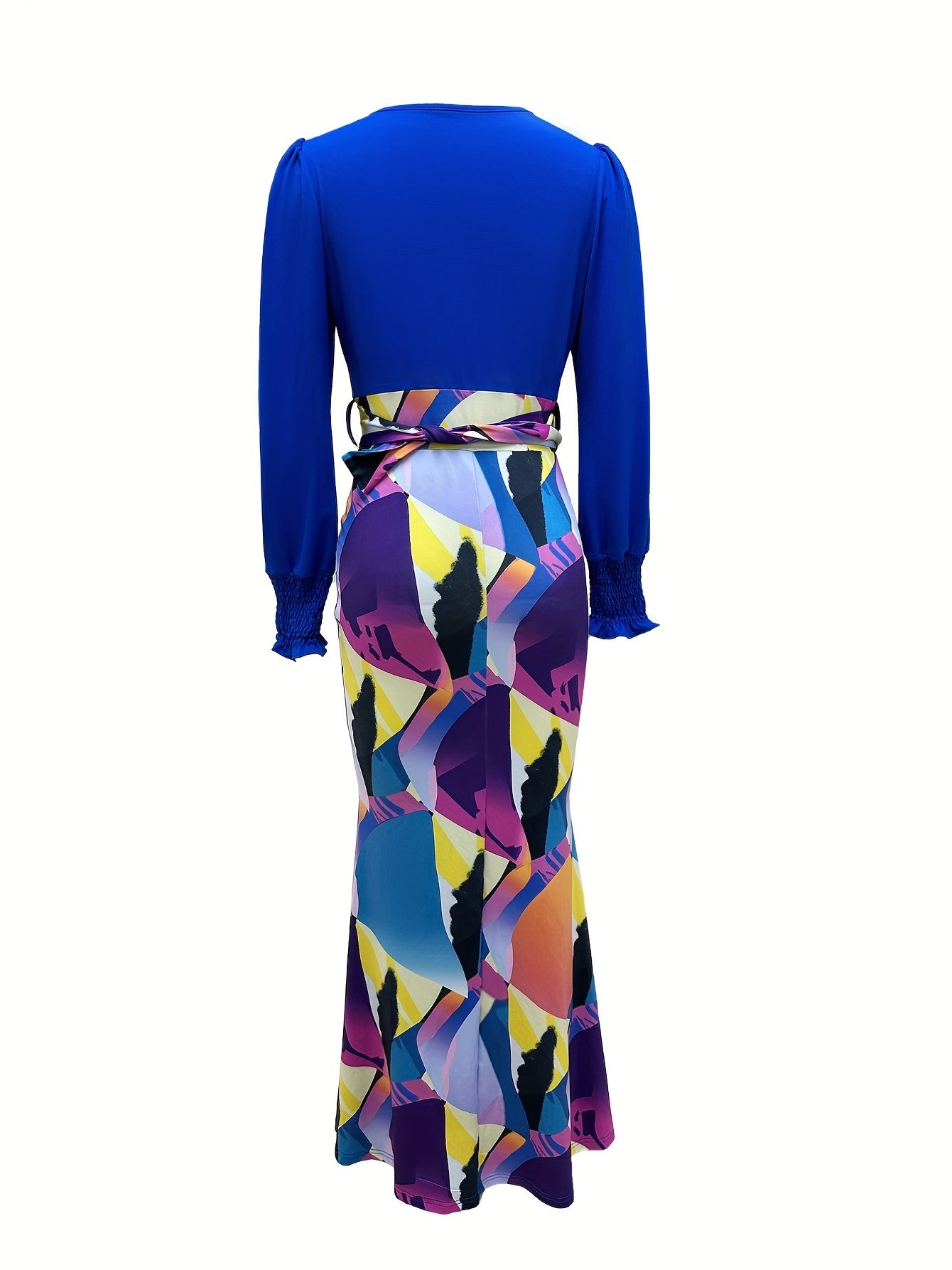 Antmvs Colorful Print Drawstring V Neck Dress, Casual Long Sleeve Belted Dress, Women's Clothing