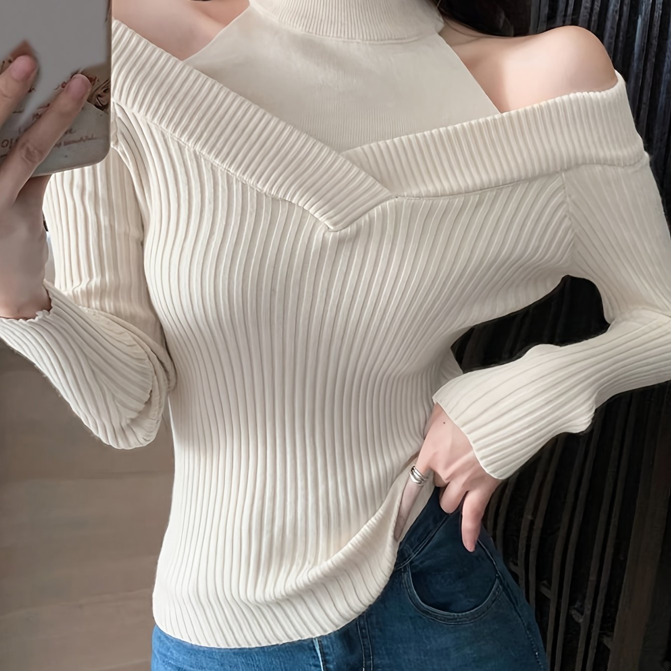 Antmvs Cold Shoulder Choker Neck Sweater, Chic Long Sleeve Sweater For Fall & Winter, Women's Clothing