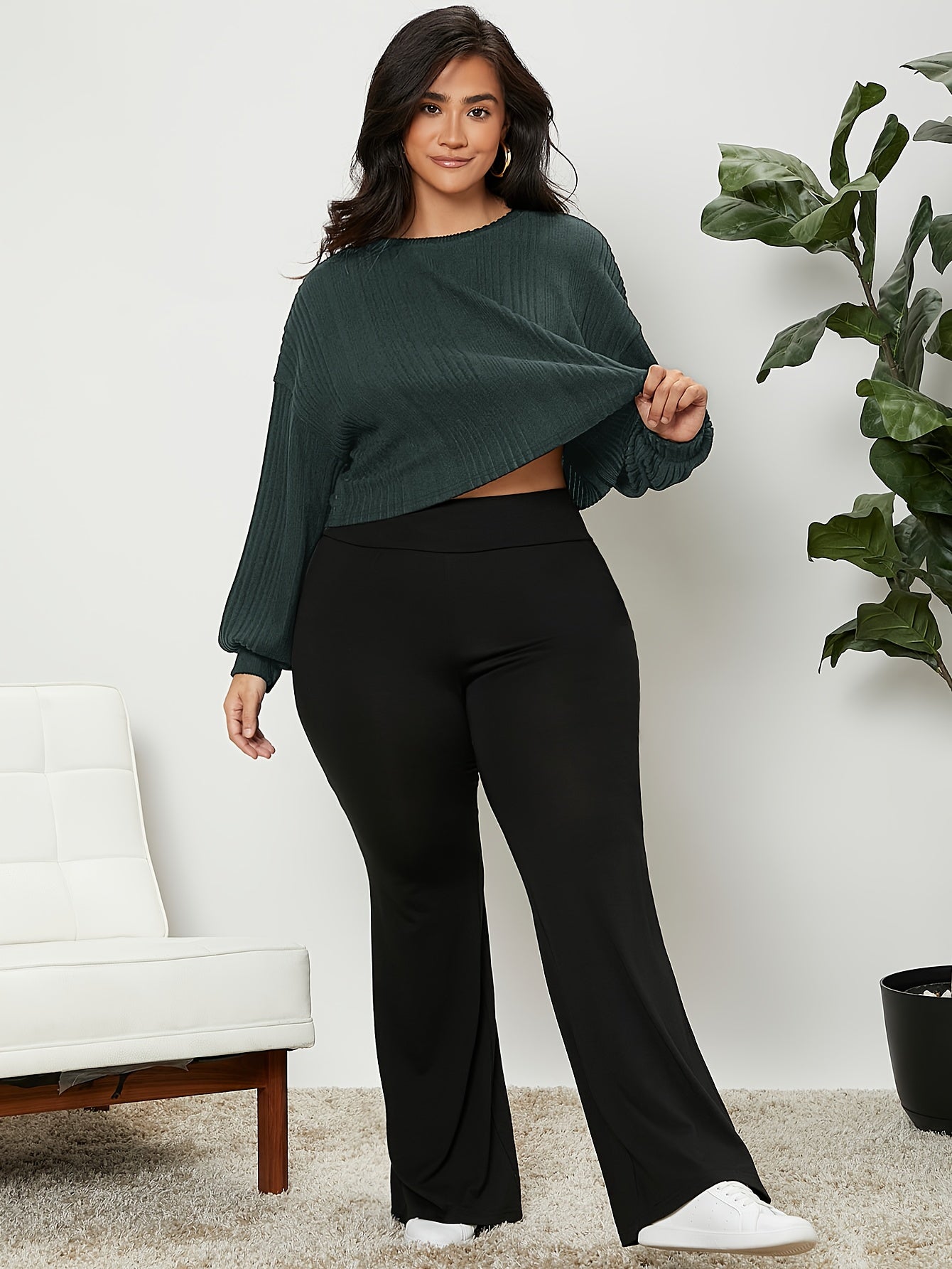 Antmvs Plus Size Trendy Knit Top, Women's Plus Solid Ribbed Drop Shoulder Lantern Sleeve Round Neck Medium Stretch Crop Knit Top