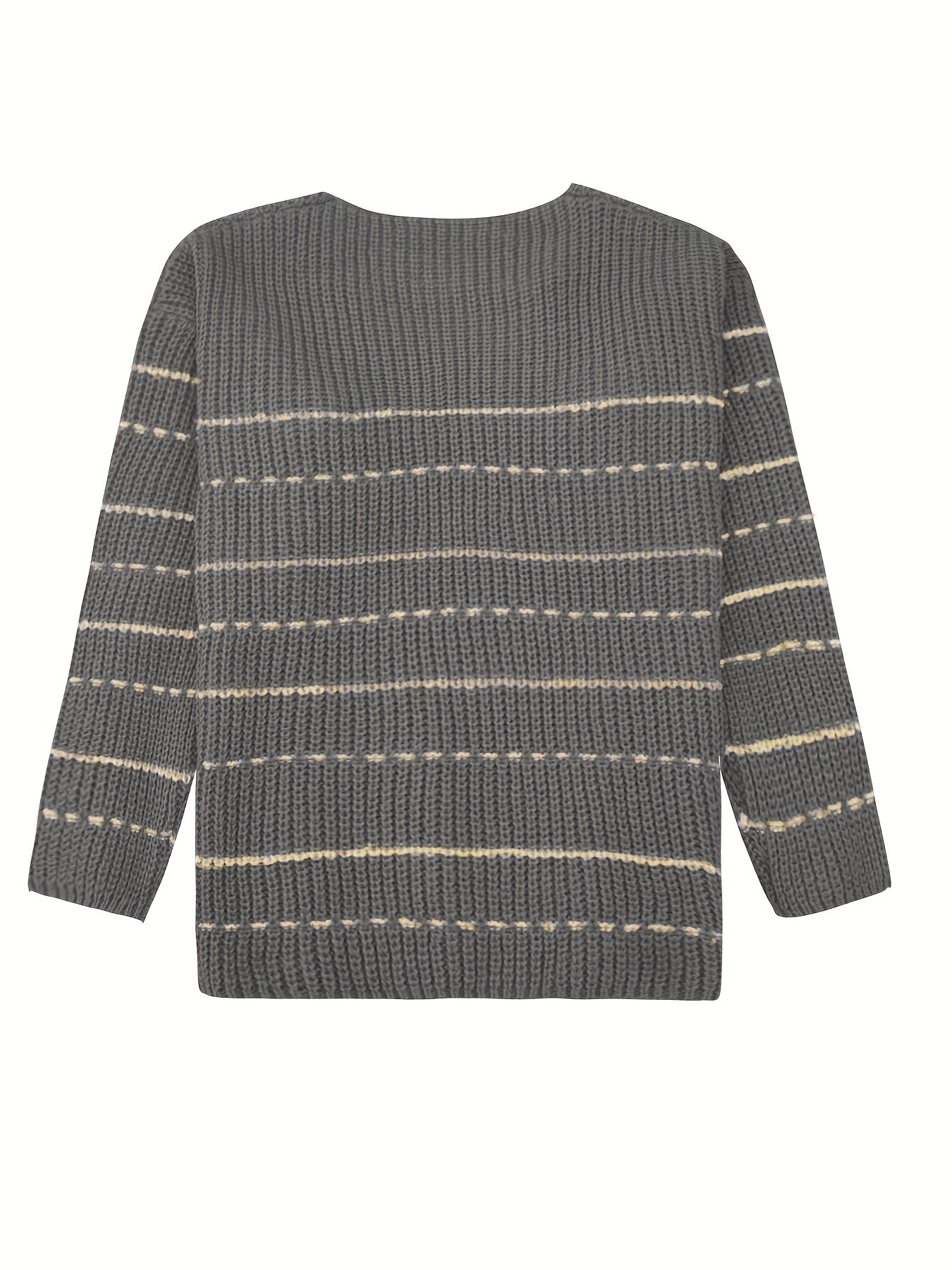 Antmvs Striped Pattern V Neck Pullover Sweater, Casual Long Sleeve Sweater For Fall & Winter, Women's Clothing