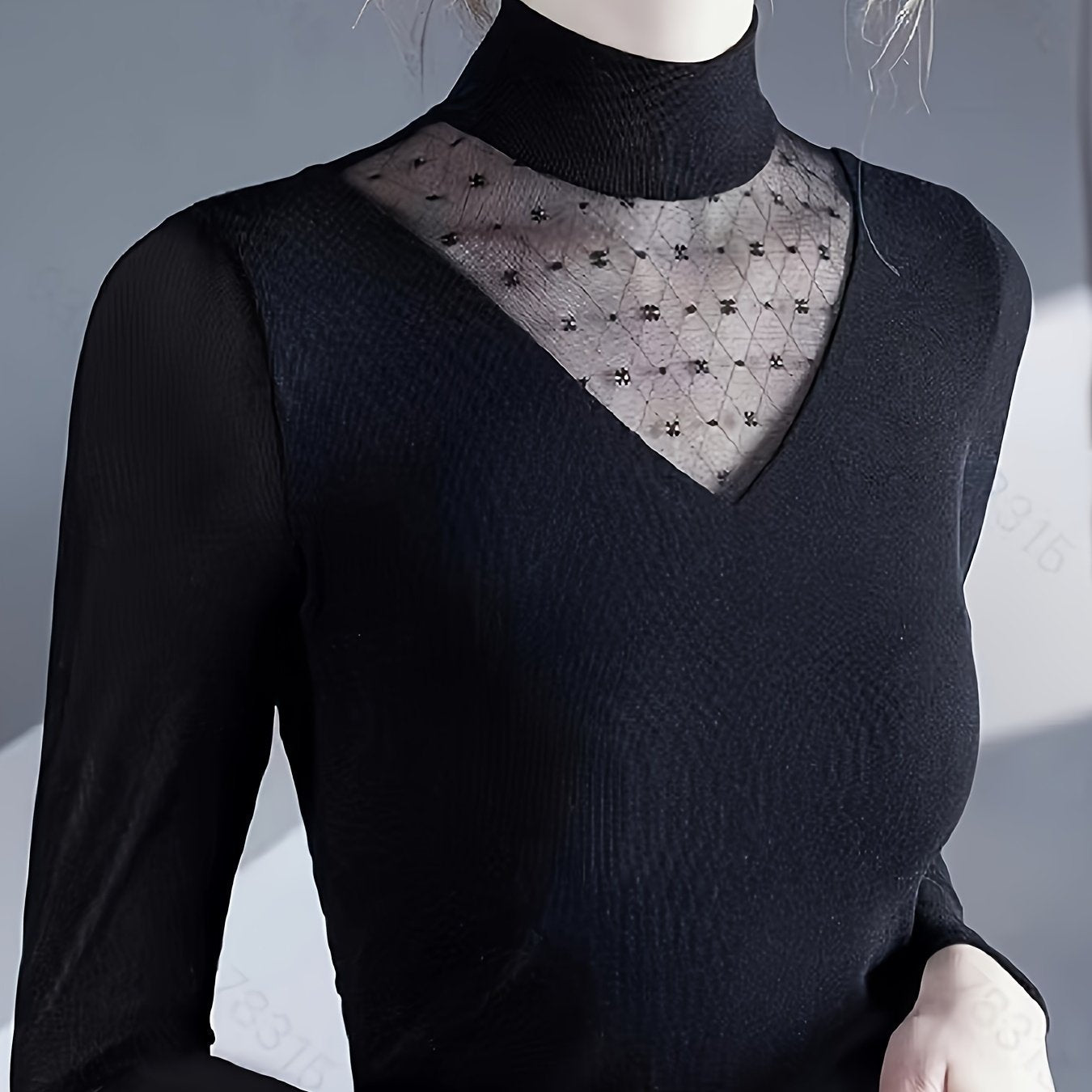 Antmvs Contrast Mesh Mock Neck Knitted Top, Elegant Long Sleeve Slim Sweater, Women's Clothing
