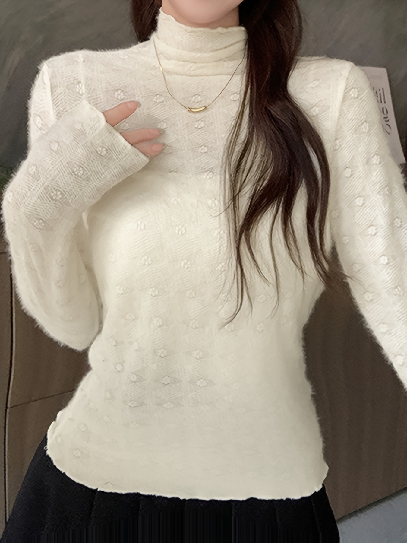 Antmvs Solid Color Mock Neck T-Shirt, Casual Long Sleeve T-Shirt For Spring & Fall, Women's Clothing