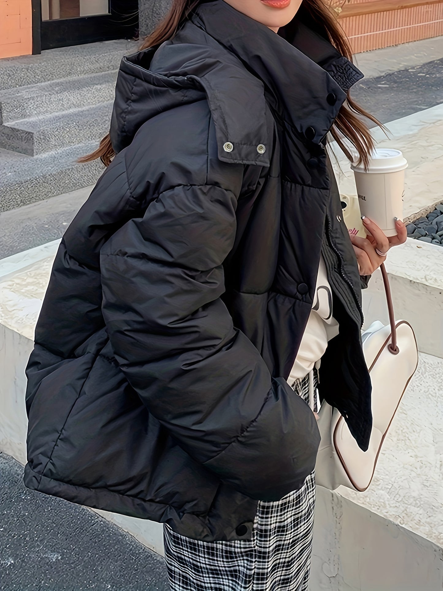Antmvs Zip Up Hooded Warm Coat, Casual Solid Long Sleeve Winter Outerwear, Women's Clothing