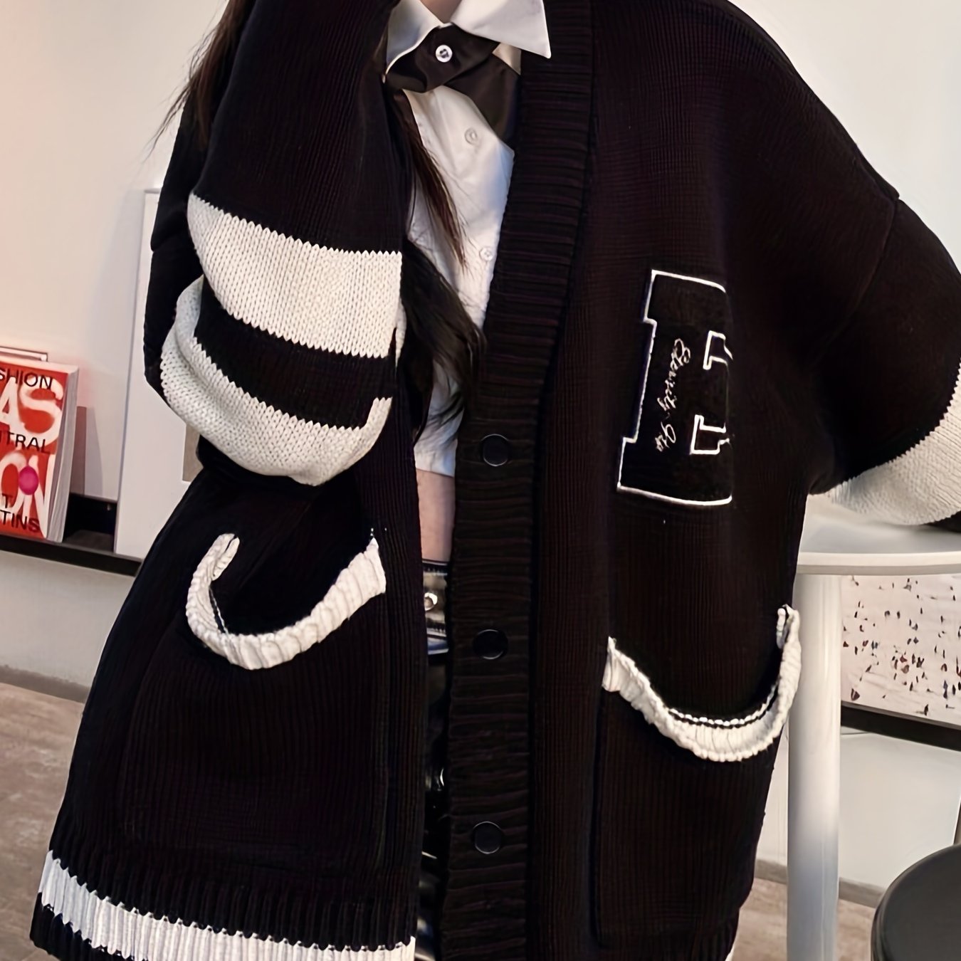 Antmvs B Pattern Button Up Cardigan, Preppy Long Sleeve Pocket Cardigan For Fall & Winter, Women's Clothing