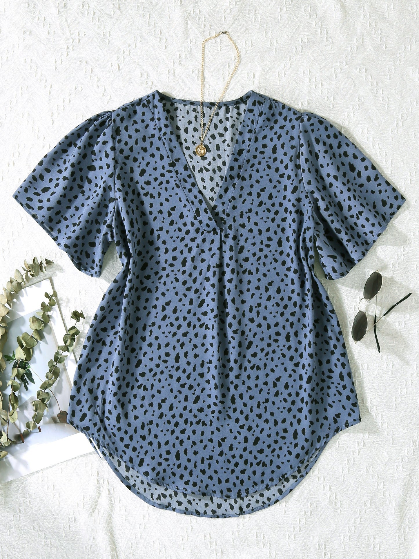 Antmvs Dalmatian Print V Neck Blouse, Elegant Short Sleeve Blouse For Spring & Summer, Women's Clothing