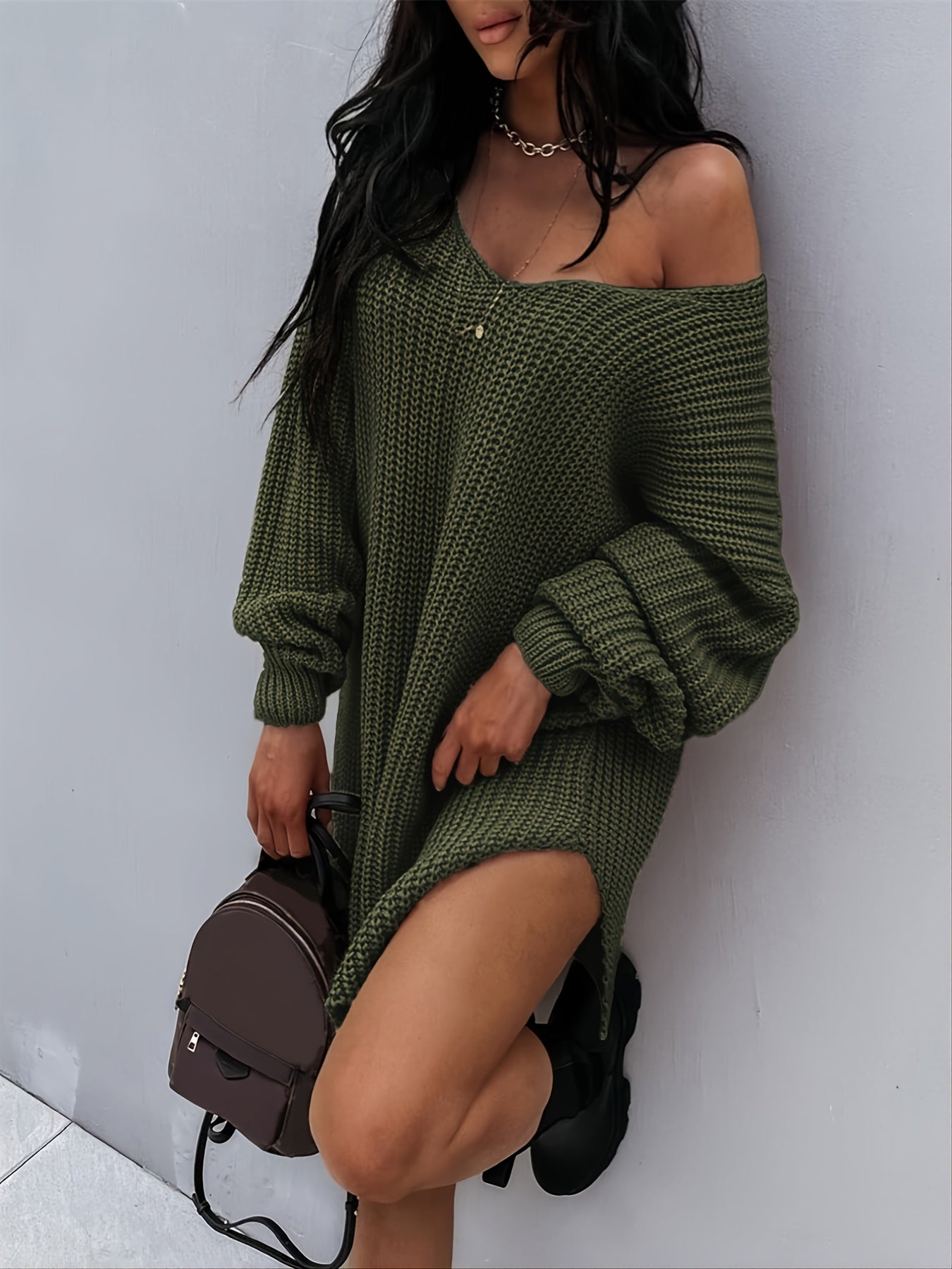 Antmvs Lantern Sleeve Knitted V-neck Sweater, Autumn And Winter New Knitted V-neck Sweater, Women's Clothing