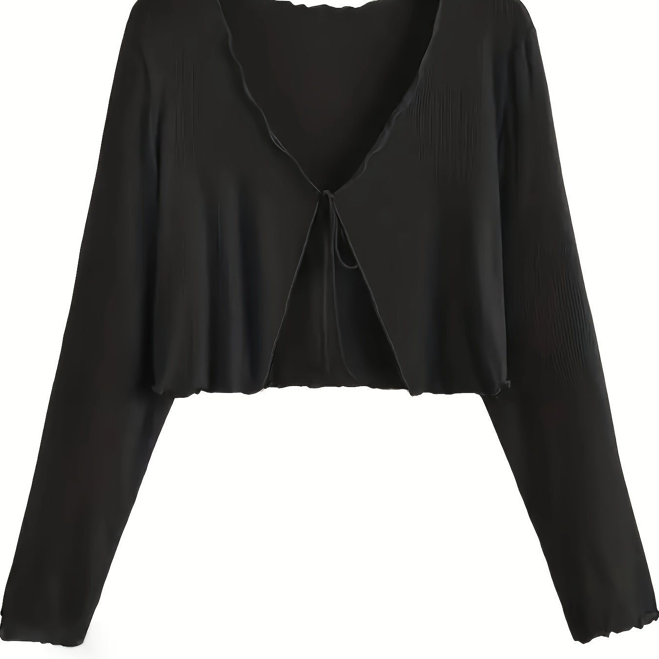 Antmvs Solid Tied Front Crop Cardigan, Casual Lettuce Trim Long Sleeve Cardigan, Women's Clothing