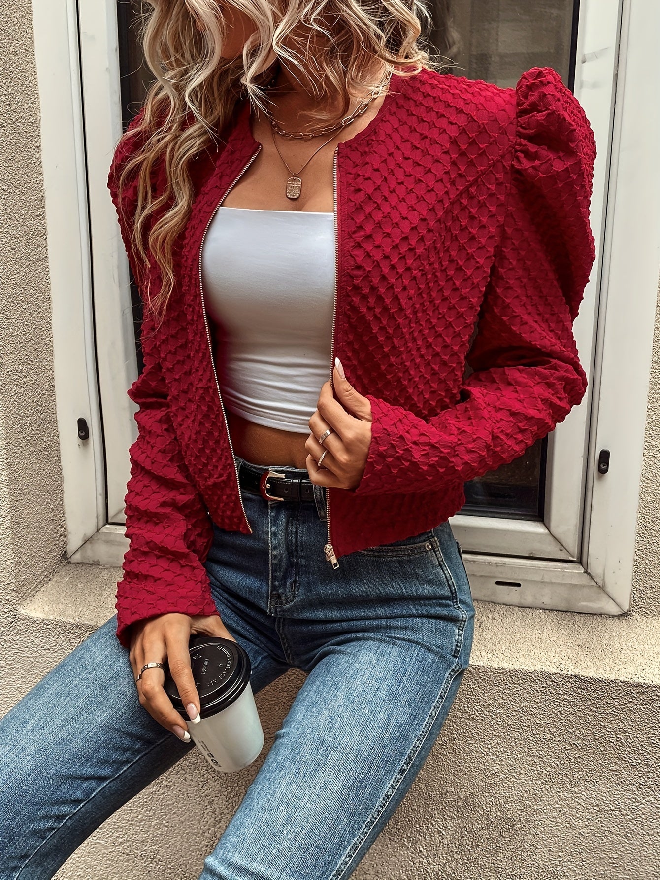 Antmvs Solid Zip Up Jacket, Elegant Ruched Long Sleeve Outwear For Spring & Fall, Women's Clothing